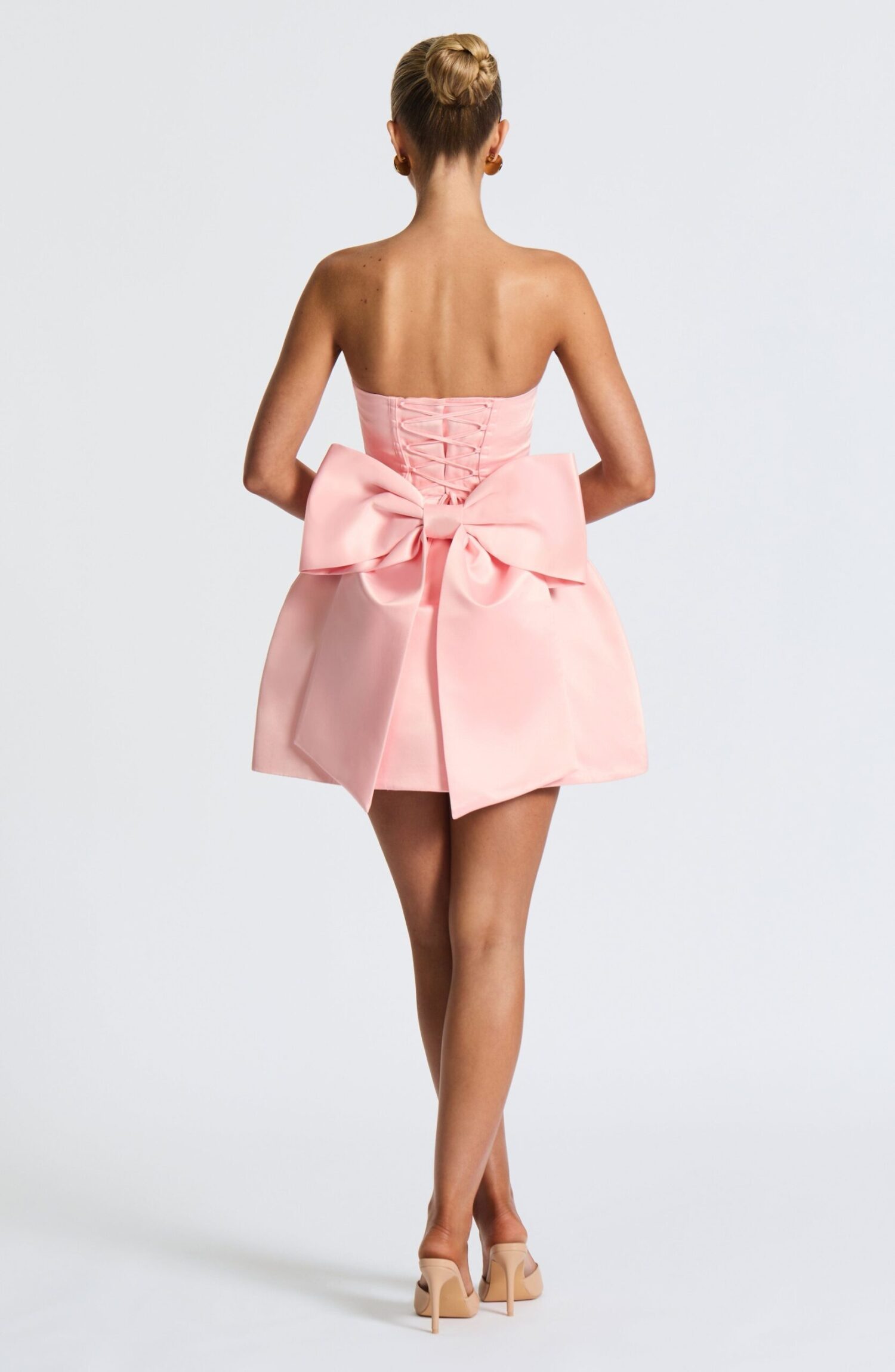 Abbey Mini Dress Blush Strapless Lace-Up Bubble Skirt Bow Satin - Image 8