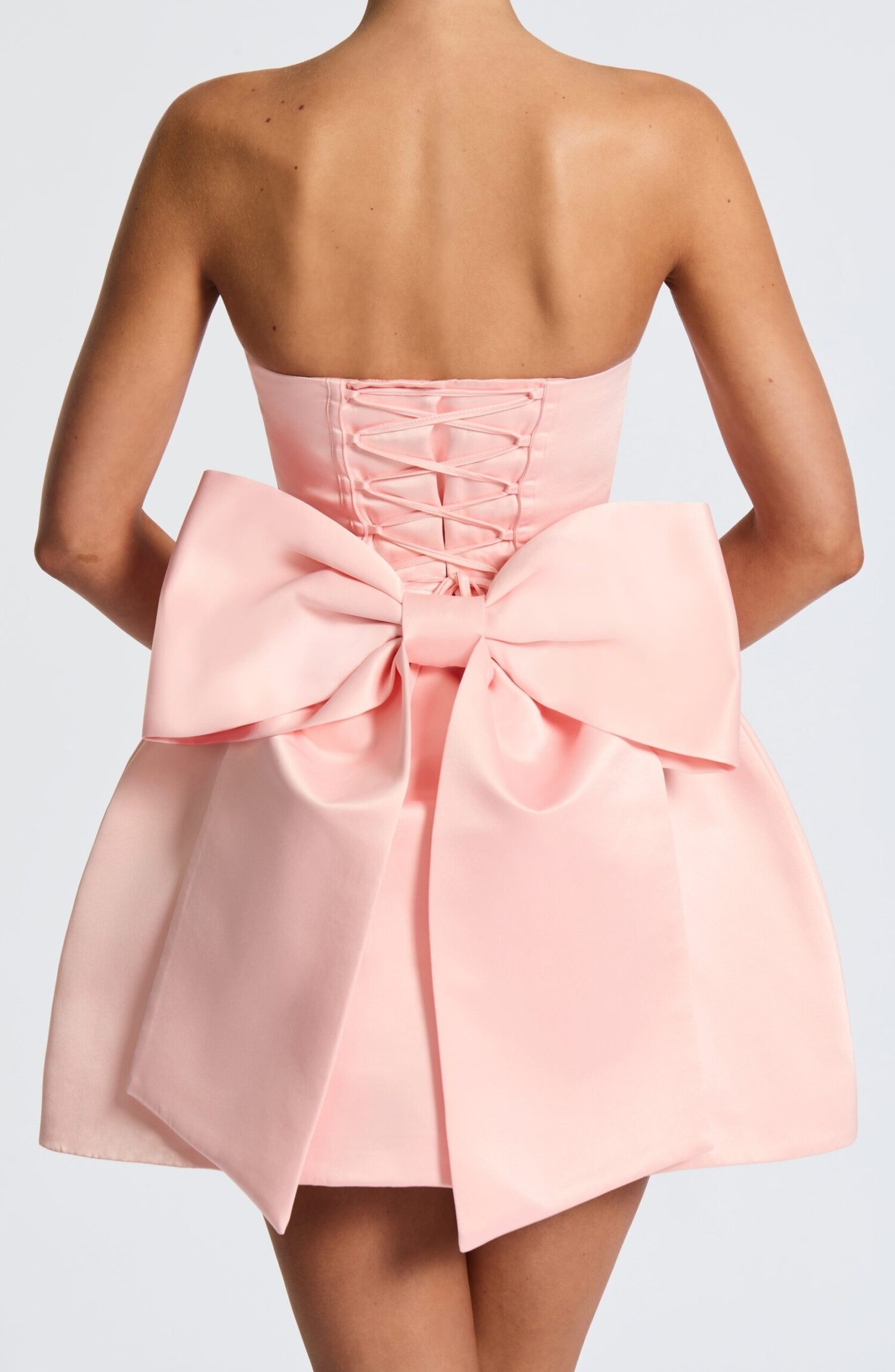 Abbey Mini Dress Blush Strapless Lace-Up Bubble Skirt Bow Satin - Image 5