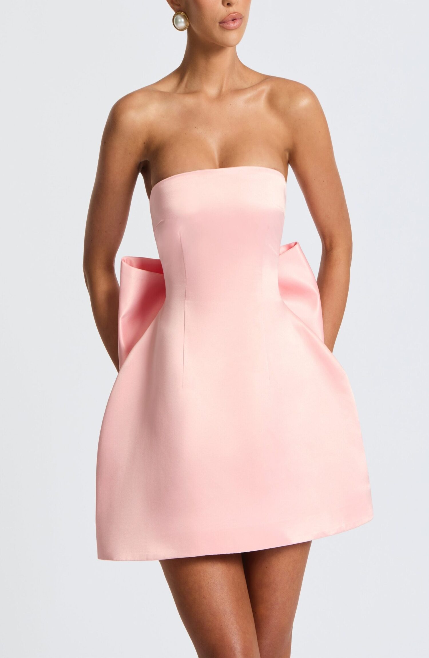 Abbey Mini Dress Blush Strapless Lace-Up Bubble Skirt Bow Satin - Image 4