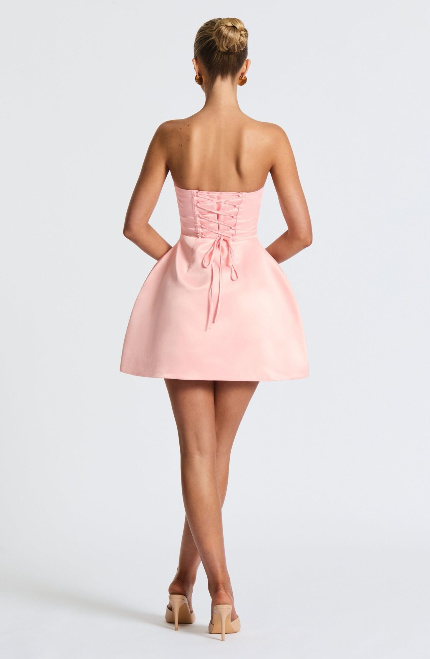 Abbey Mini Dress Blush Strapless Lace-Up Bubble Skirt Bow Satin - Image 10