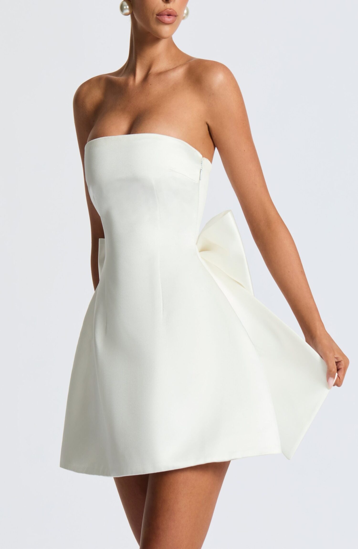 Abbey Mini Dress Ivory Strapless Lace-Up Satin Bubble Bow - Image 6