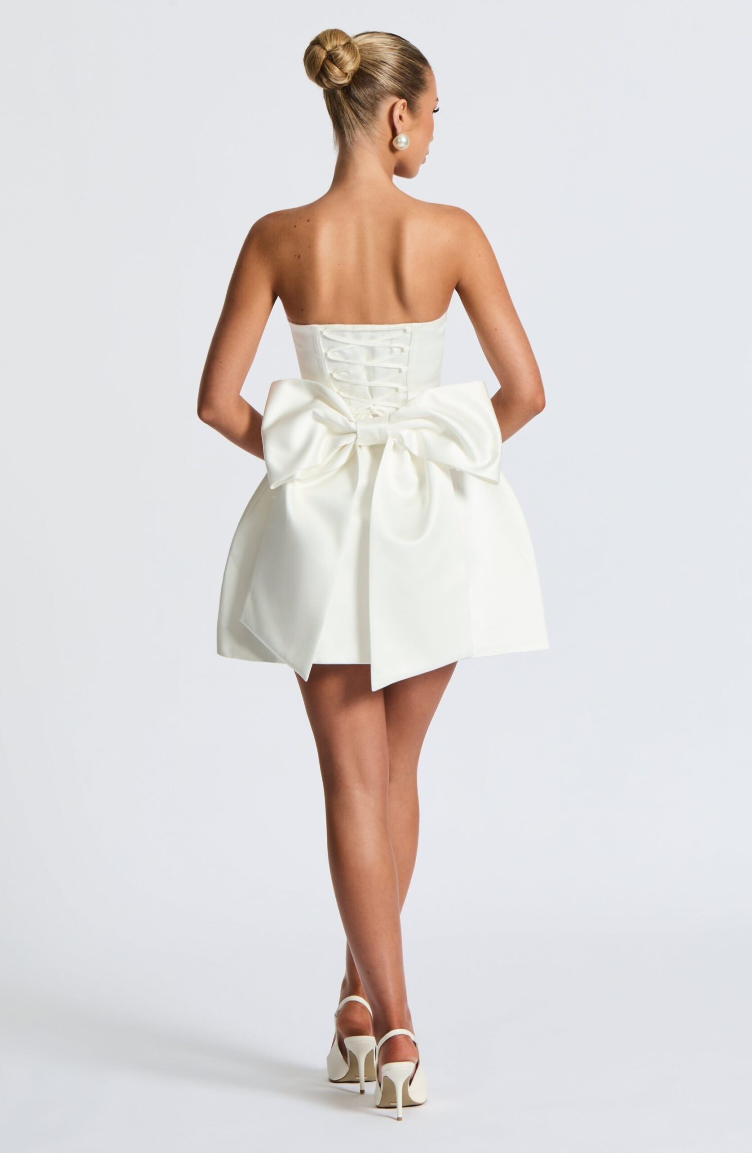 Abbey Mini Dress Ivory Strapless Lace-Up Satin Bubble Bow - Image 2