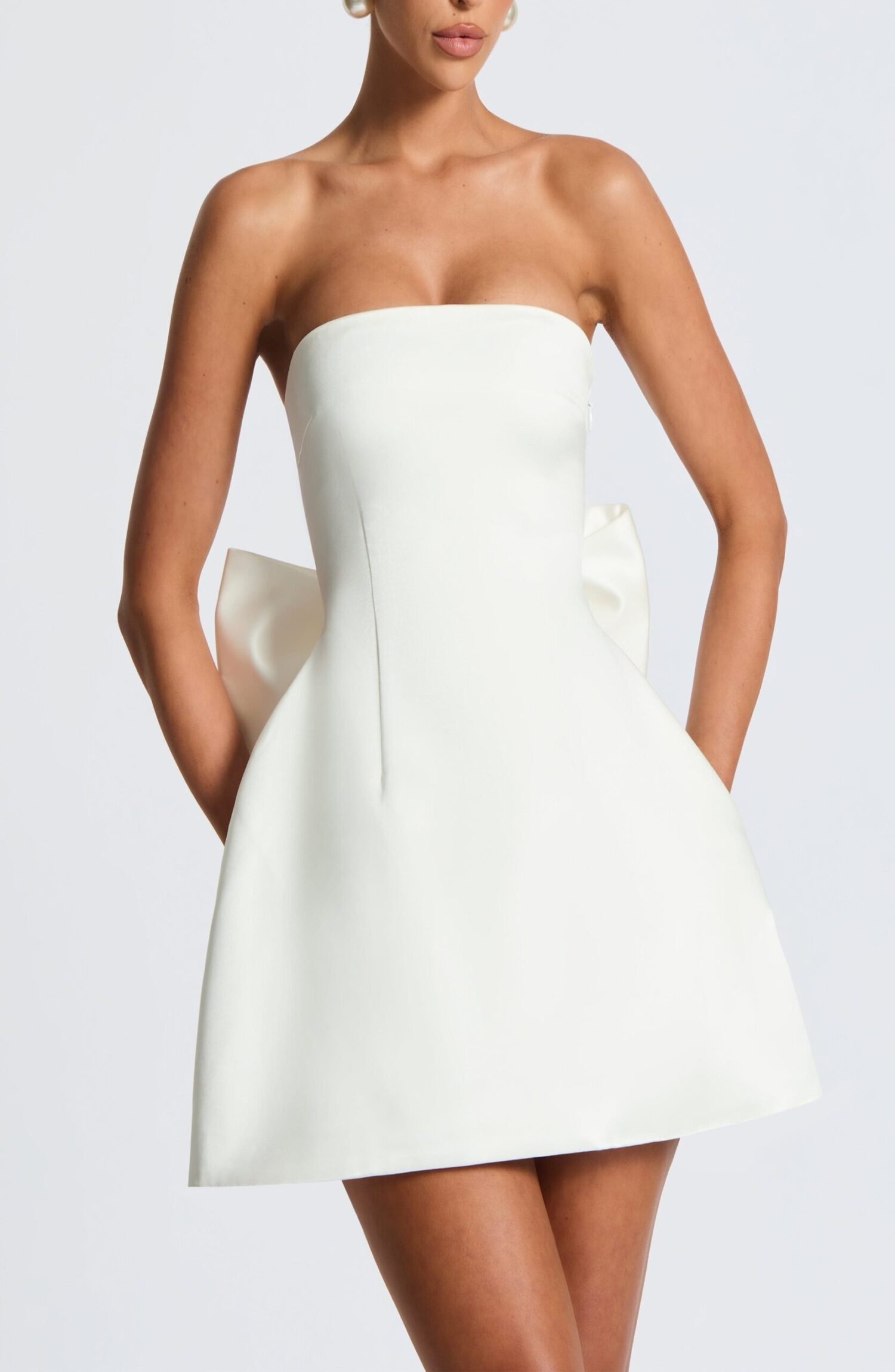 Abbey Mini Dress Ivory Strapless Lace-Up Satin Bubble Bow - Image 5