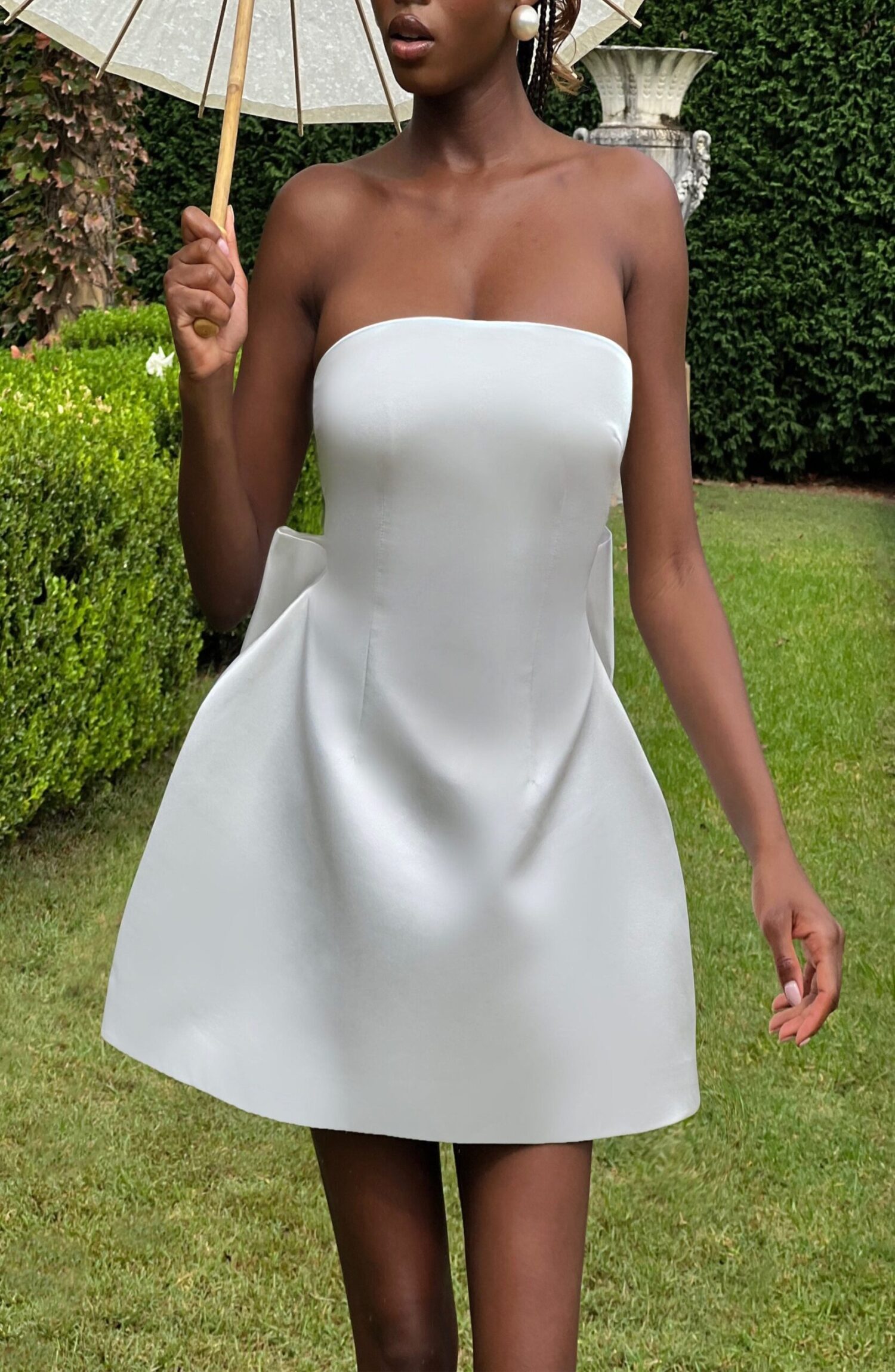 Abbey Mini Dress Ivory Strapless Lace-Up Satin Bubble Bow