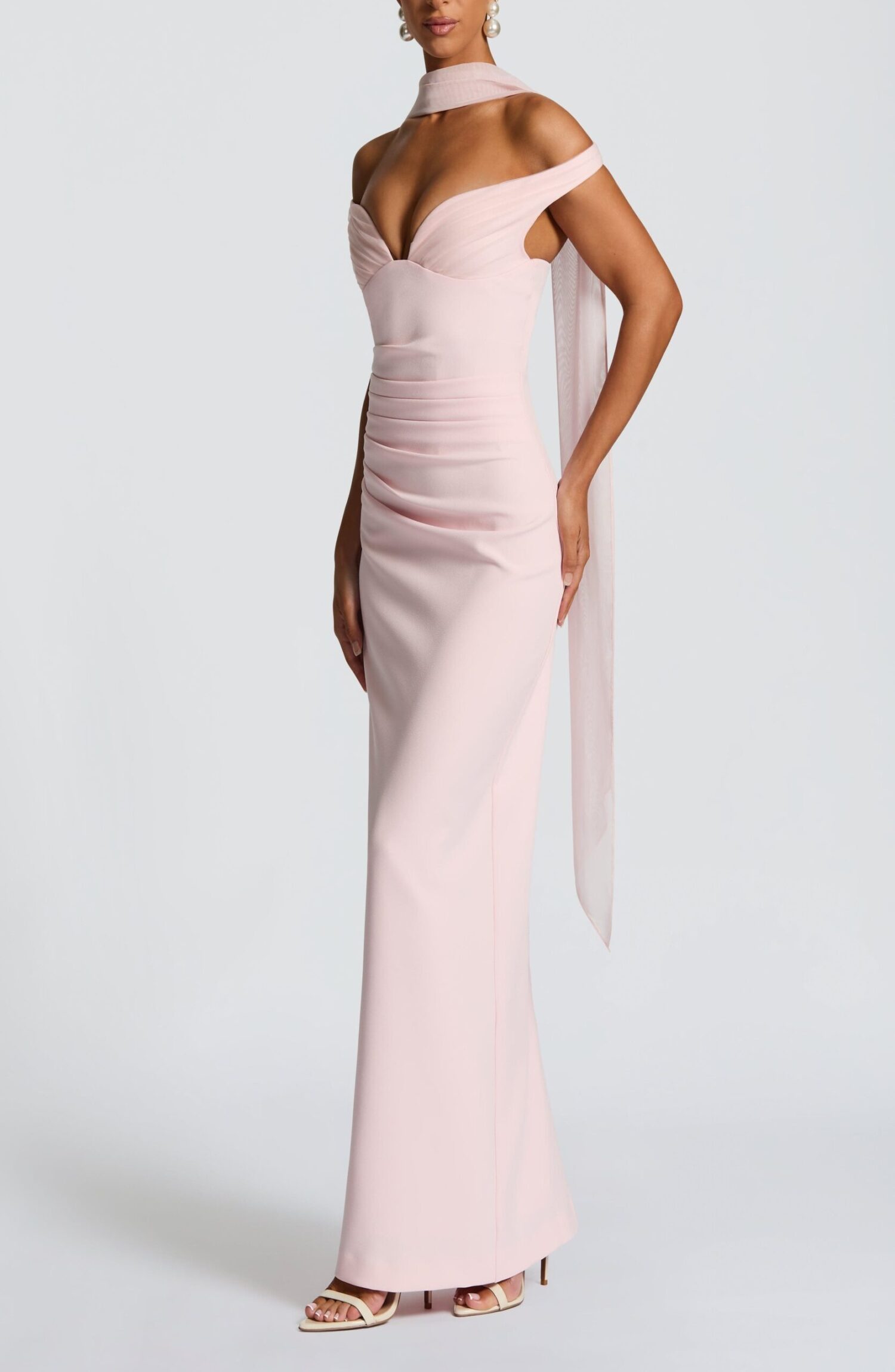 Abigail Blush Maxi Dress: Elegant Bardot Neckline, Pleated Tulle - Image 4
