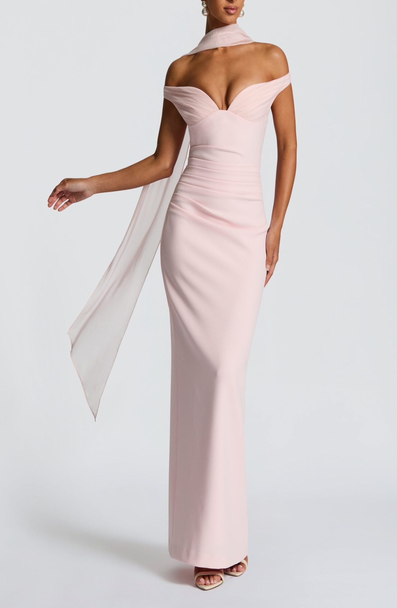 Abigail Blush Maxi Dress: Elegant Bardot Neckline, Pleated Tulle - Image 3