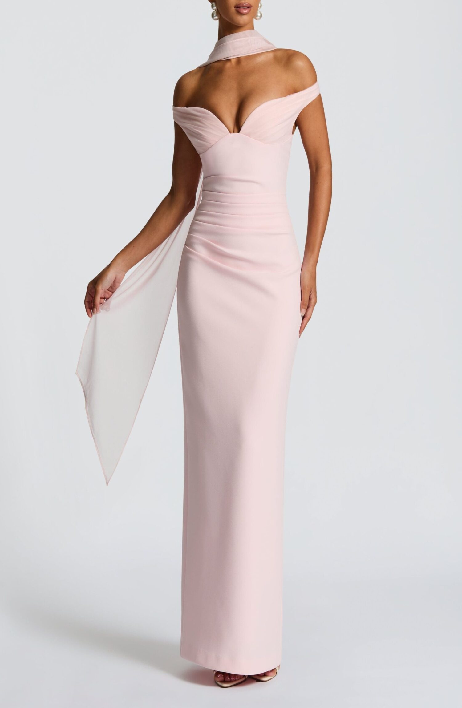 Abigail Blush Maxi Dress: Elegant Bardot Neckline, Pleated Tulle - Image 9