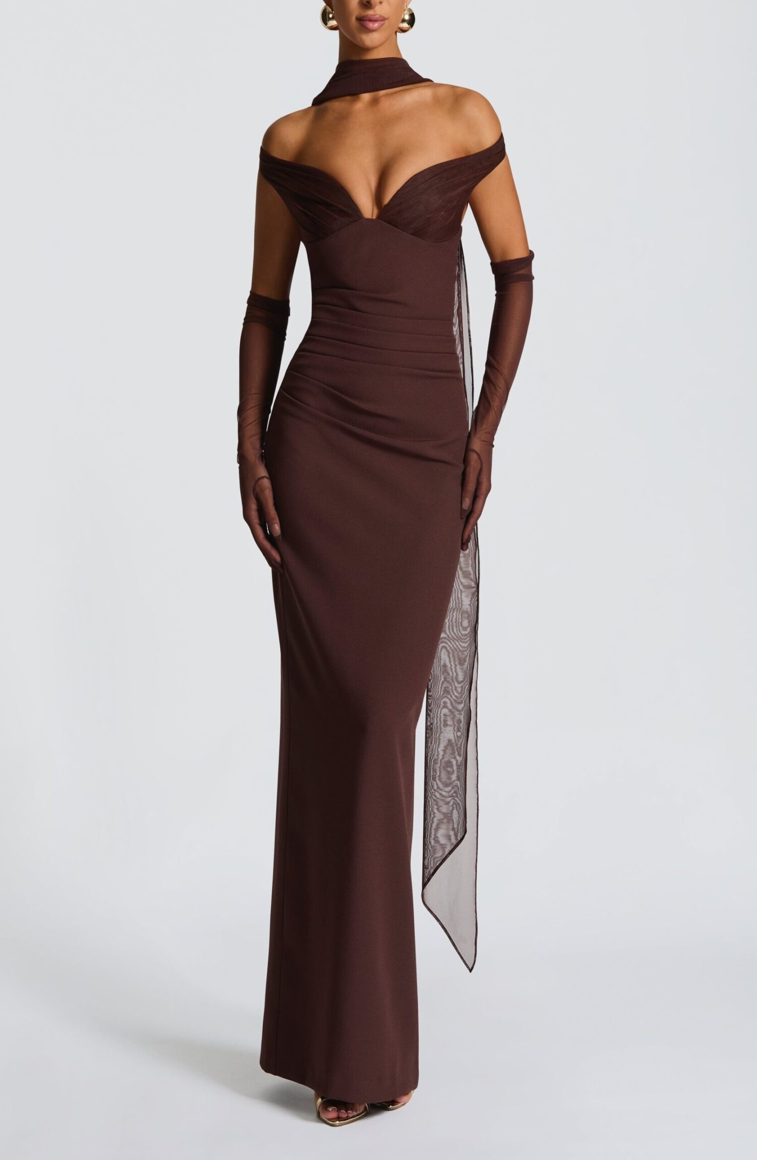 Abigail Maxi Dress Plum Brown Bardot Neckline Pleated Tulle Column Skirt