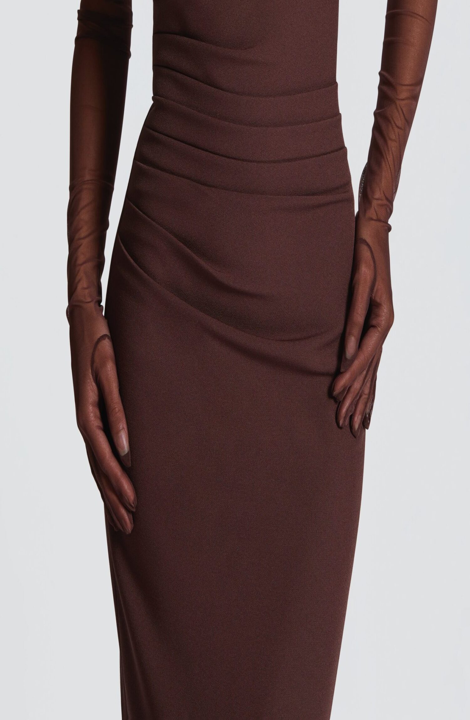 Abigail Maxi Dress Plum Brown Bardot Neckline Pleated Tulle Column Skirt - Image 6