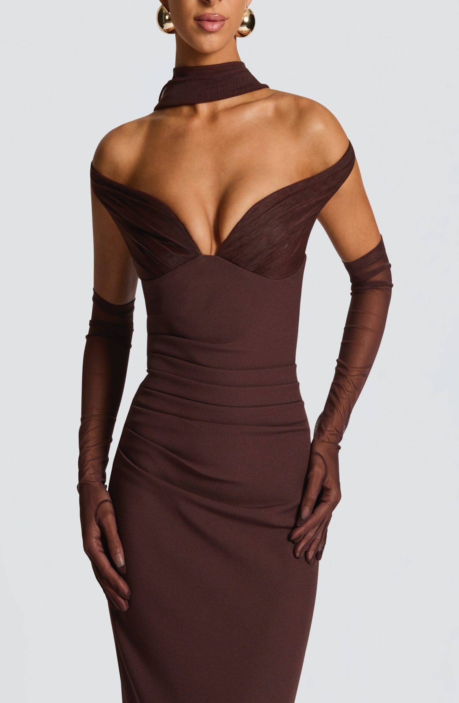 Abigail Maxi Dress Plum Brown Bardot Neckline Pleated Tulle Column Skirt - Image 11