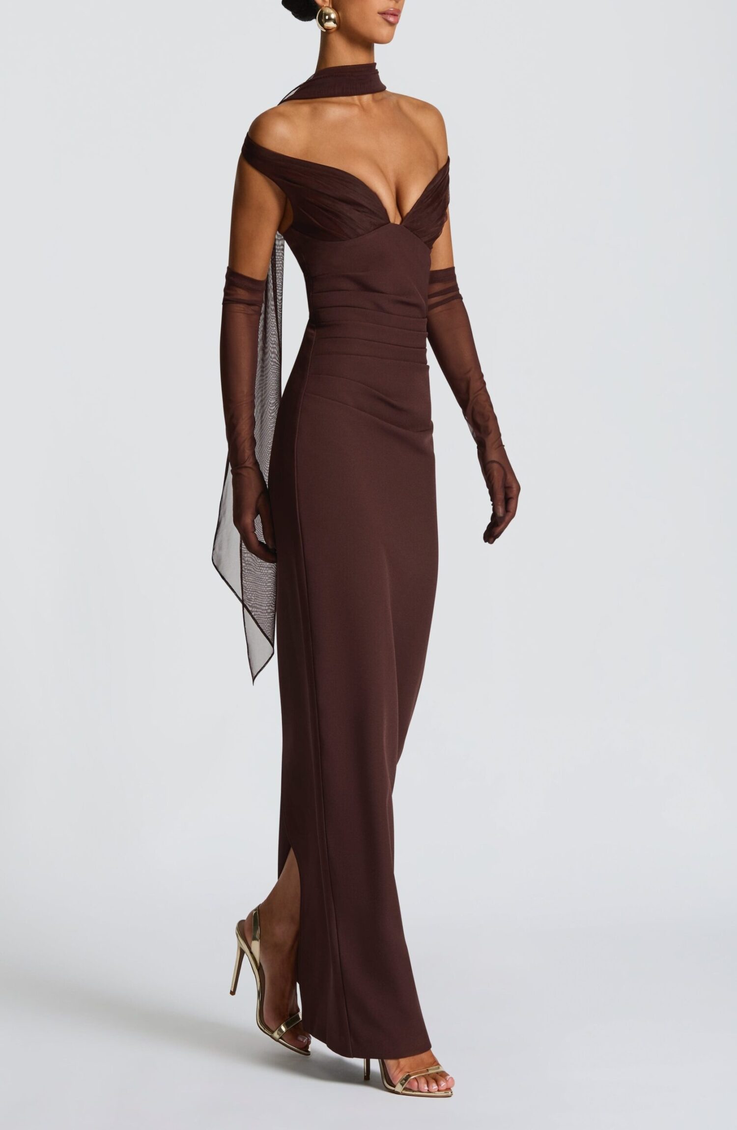 Abigail Maxi Dress Plum Brown Bardot Neckline Pleated Tulle Column Skirt - Image 10
