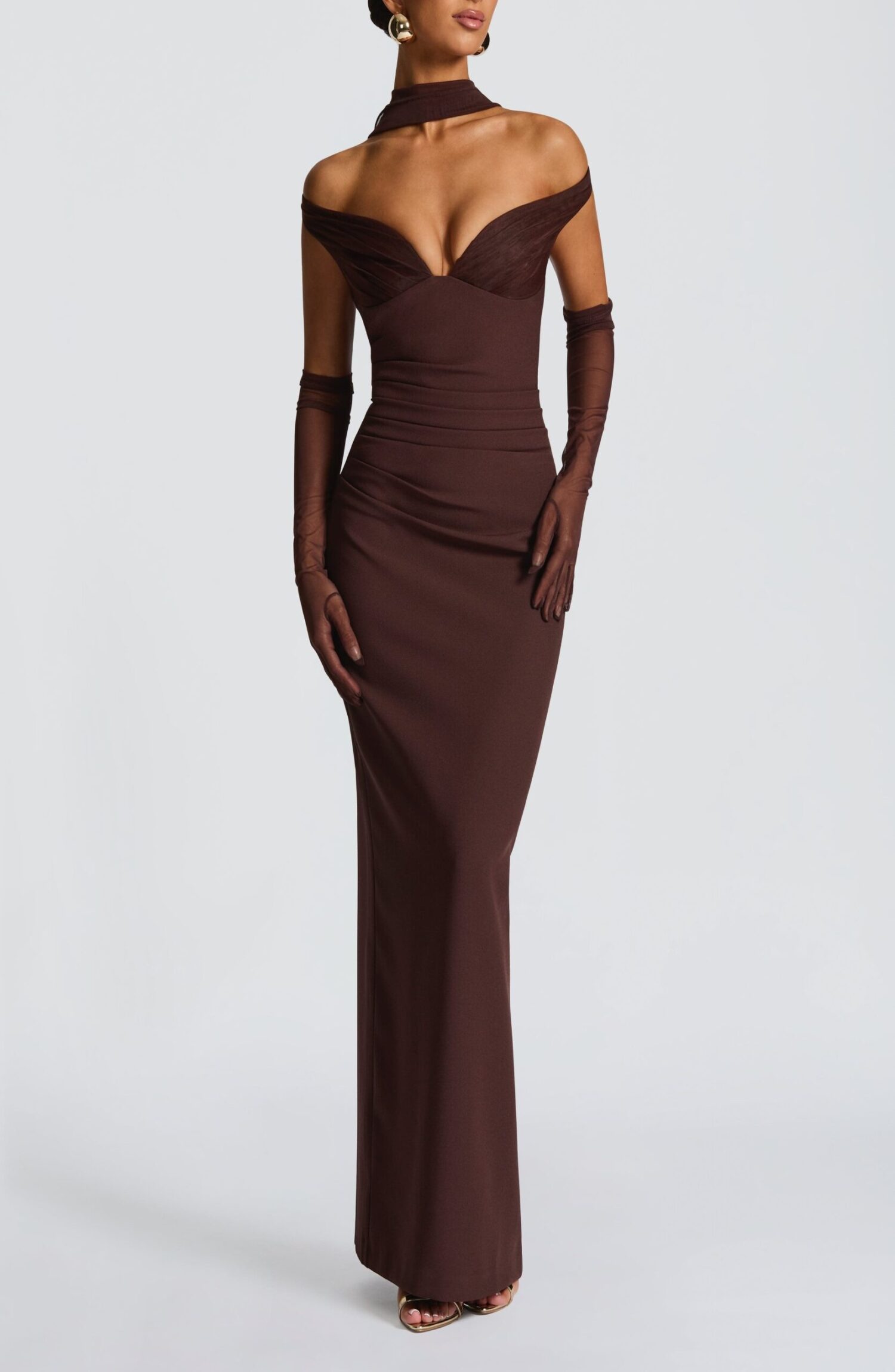 Abigail Maxi Dress Plum Brown Bardot Neckline Pleated Tulle Column Skirt - Image 9