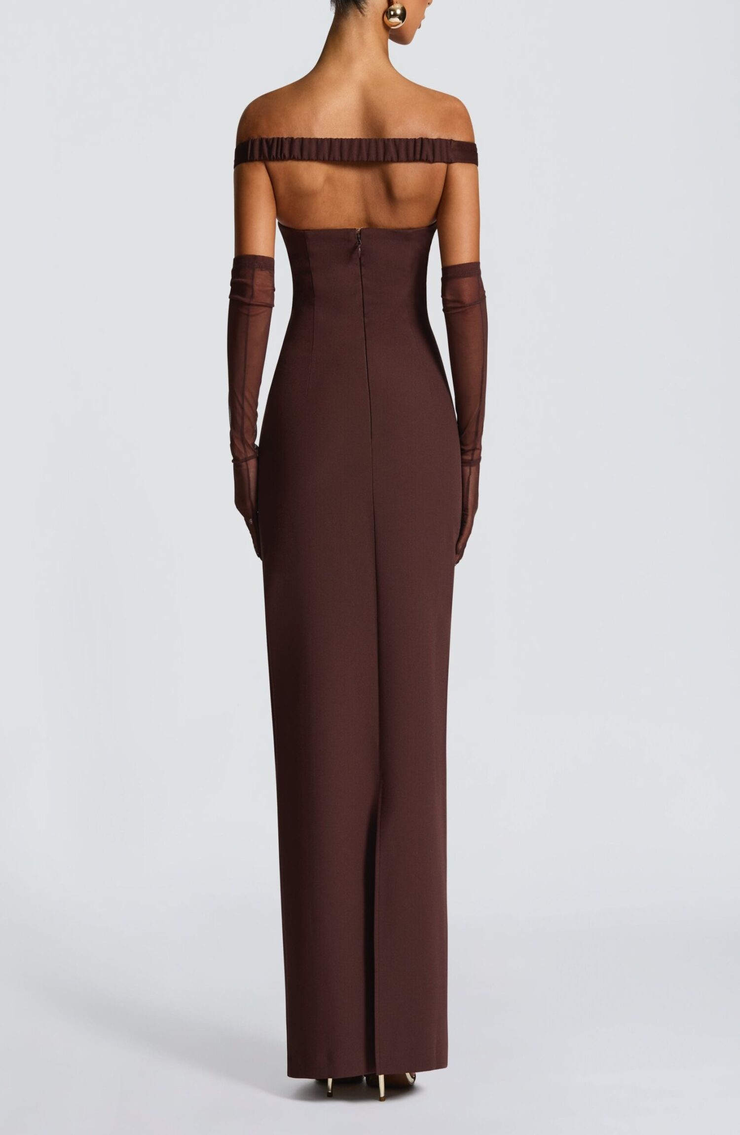 Abigail Maxi Dress Plum Brown Bardot Neckline Pleated Tulle Column Skirt - Image 4