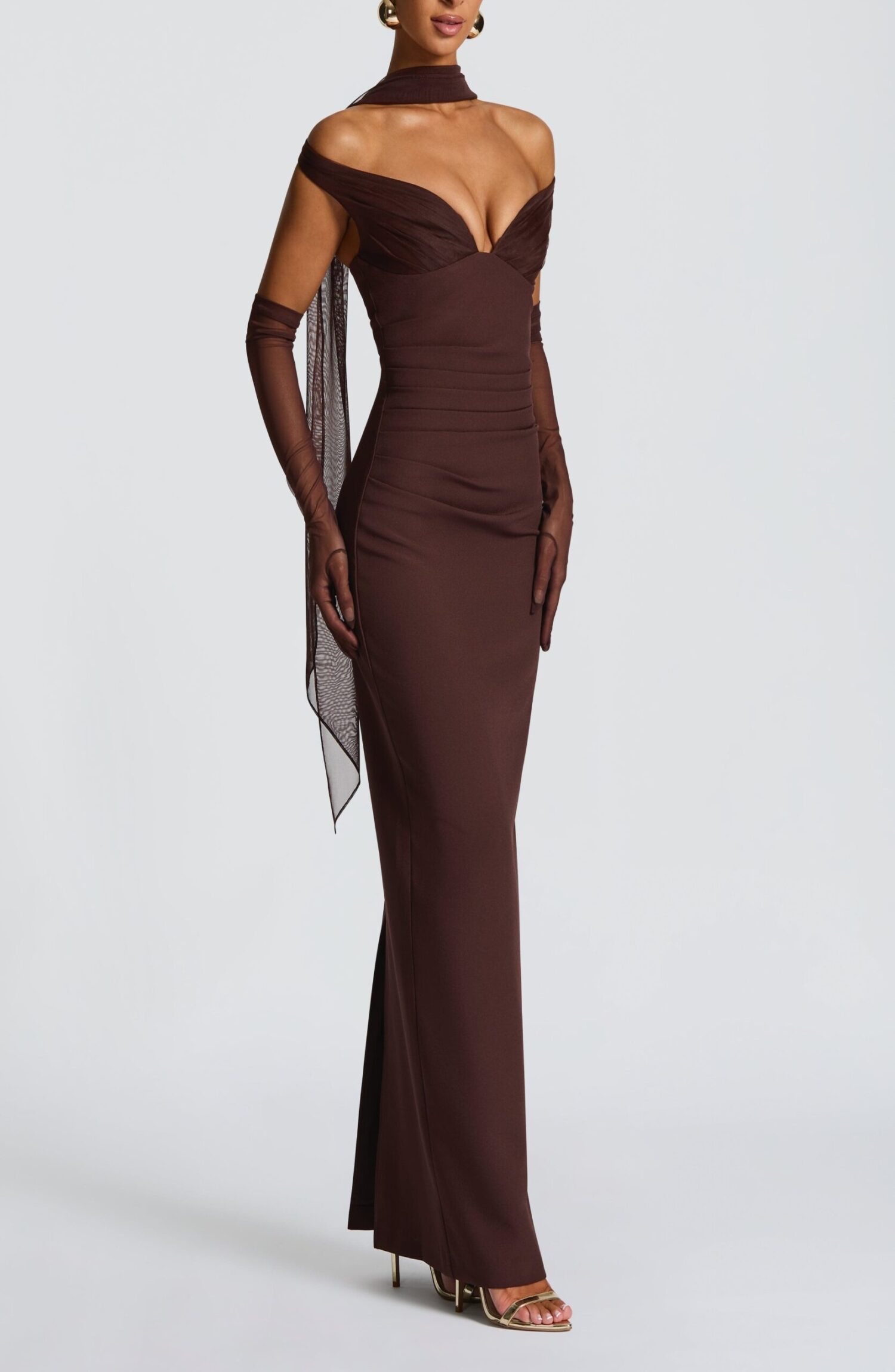 Abigail Maxi Dress Plum Brown Bardot Neckline Pleated Tulle Column Skirt - Image 5