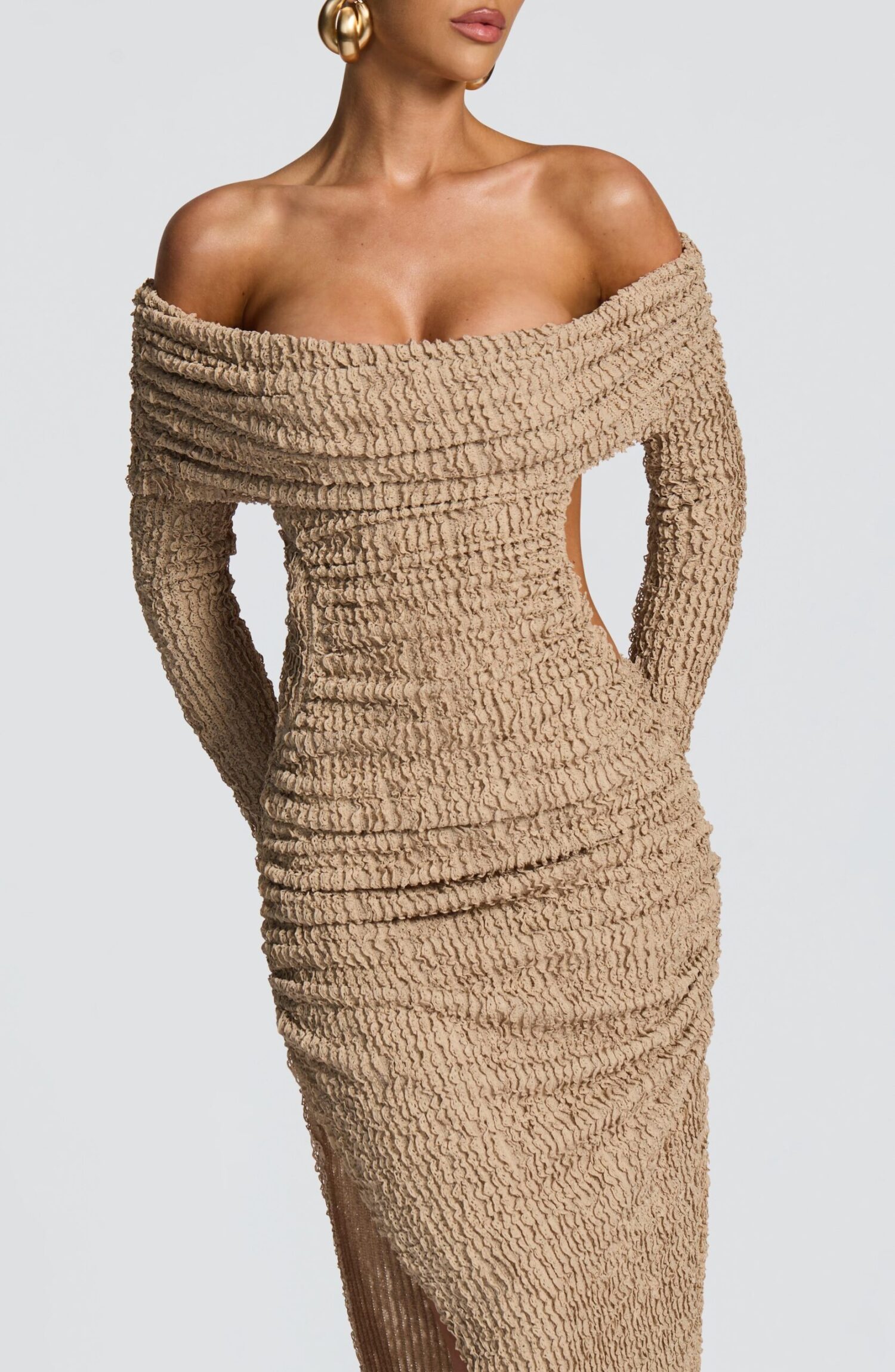 Adelphia Beige Midi Dress Bardot Neckline Textured Cut-Sew Asymmetric Skirt - Image 4