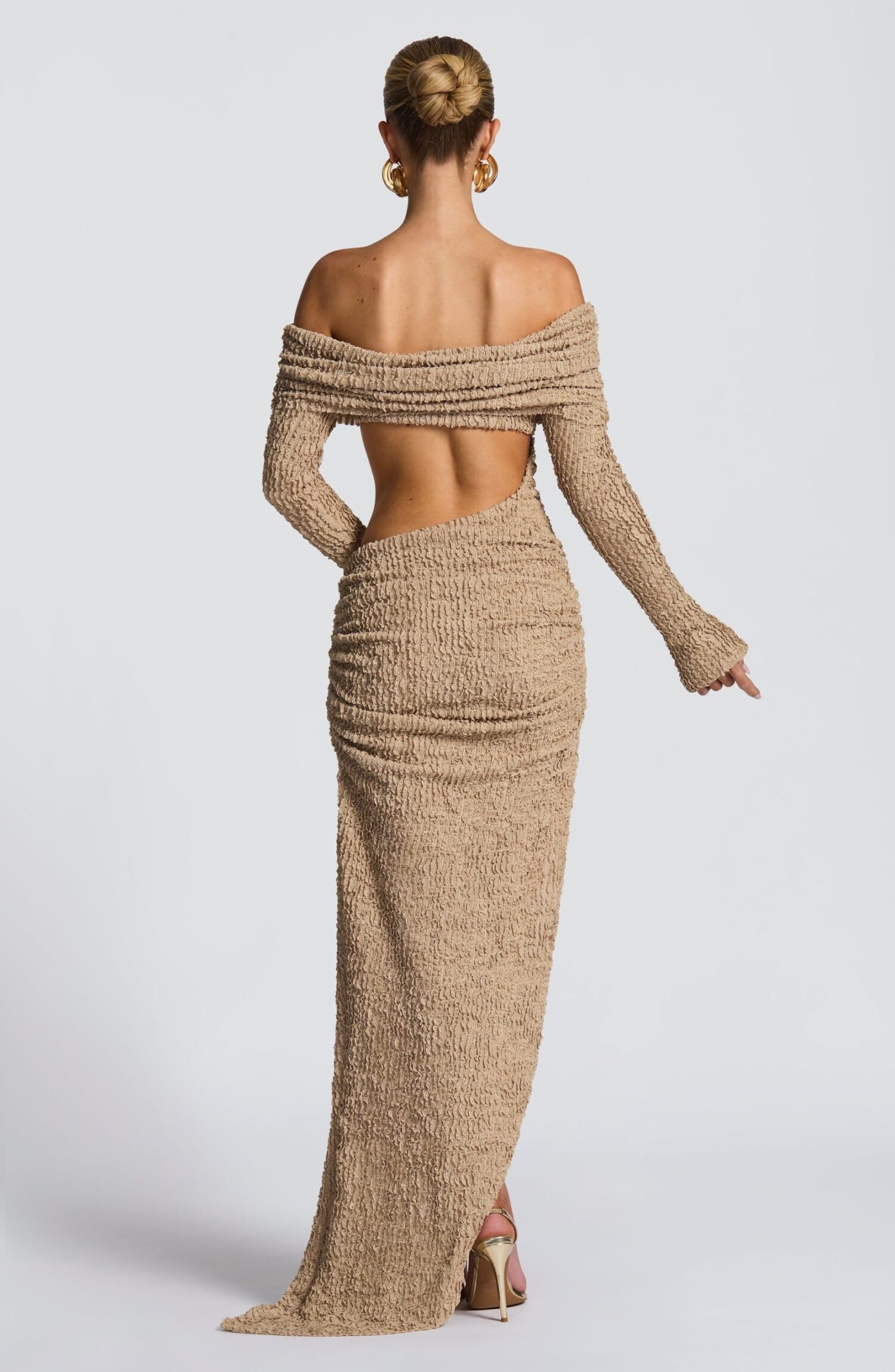 Adelphia Beige Midi Dress Bardot Neckline Textured Cut-Sew Asymmetric Skirt - Image 2