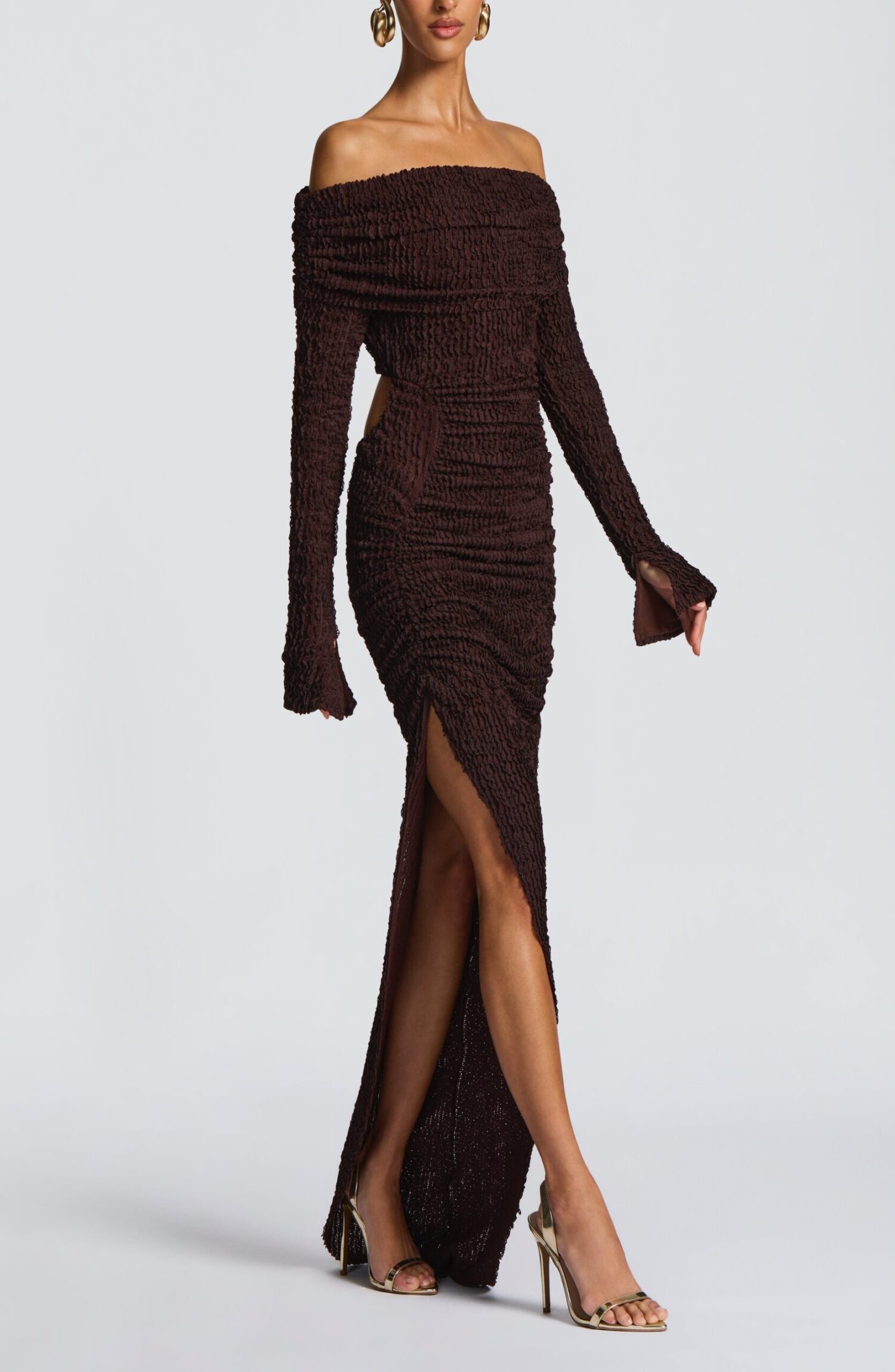 Adelphia Midi Dress Plum Brown Bardot Neckline Long Sleeve Ruched Asymmetric - Image 4
