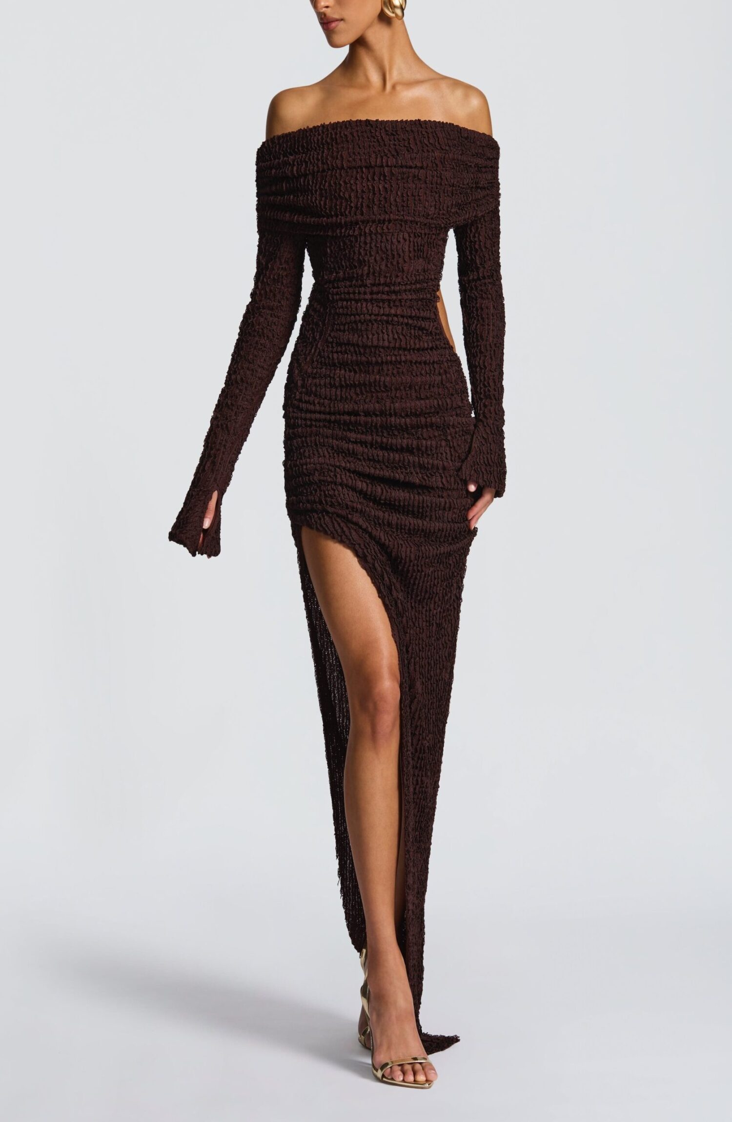 Adelphia Midi Dress Plum Brown Bardot Neckline Long Sleeve Ruched Asymmetric - Image 5