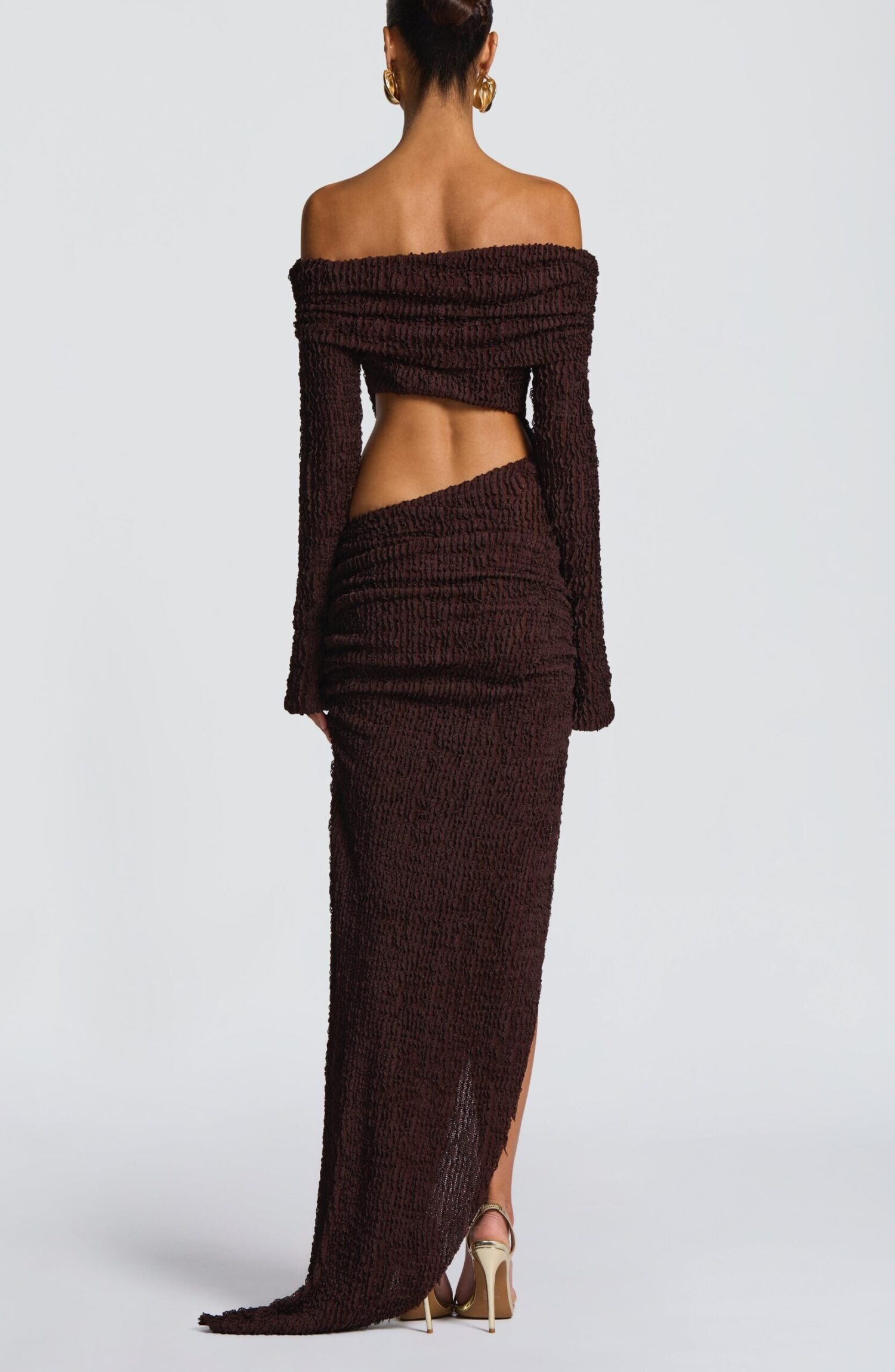 Adelphia Midi Dress Plum Brown Bardot Neckline Long Sleeve Ruched Asymmetric - Image 2