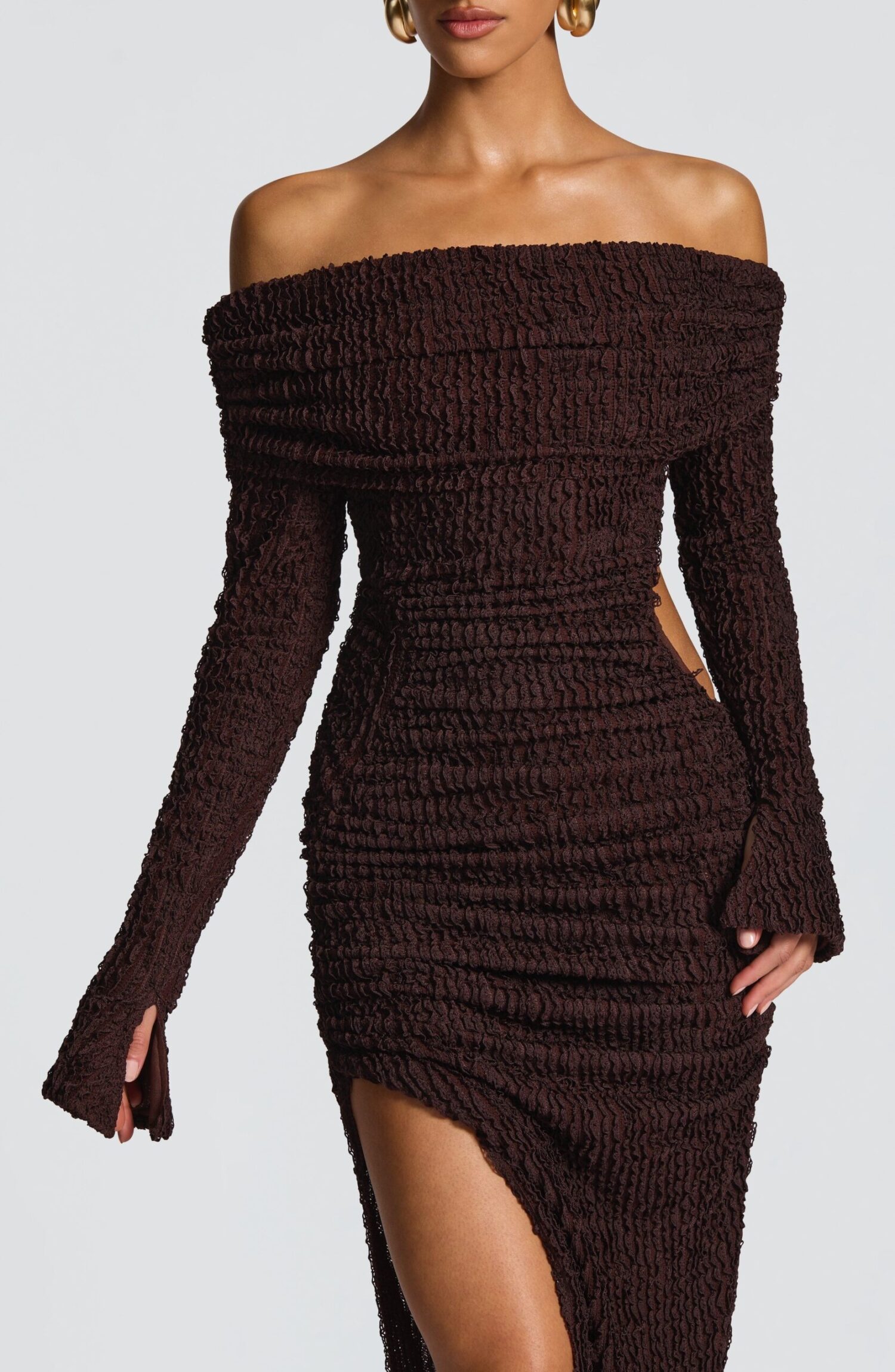 Adelphia Midi Dress Plum Brown Bardot Neckline Long Sleeve Ruched Asymmetric - Image 8