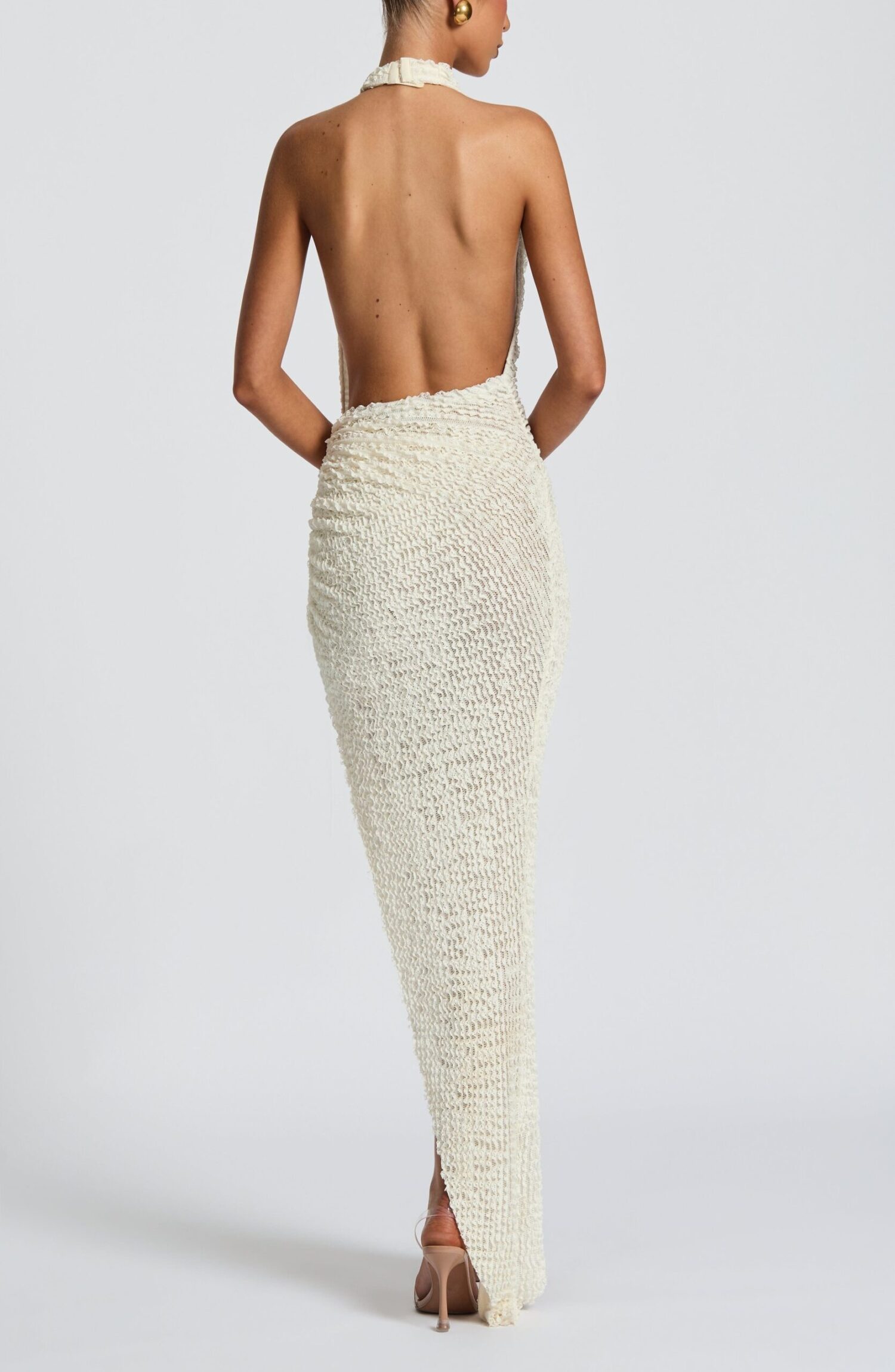 Airla Ivory Textured Midi Dress - Backless Cowl Neck Halter Ruched Asymmetric - Image 4