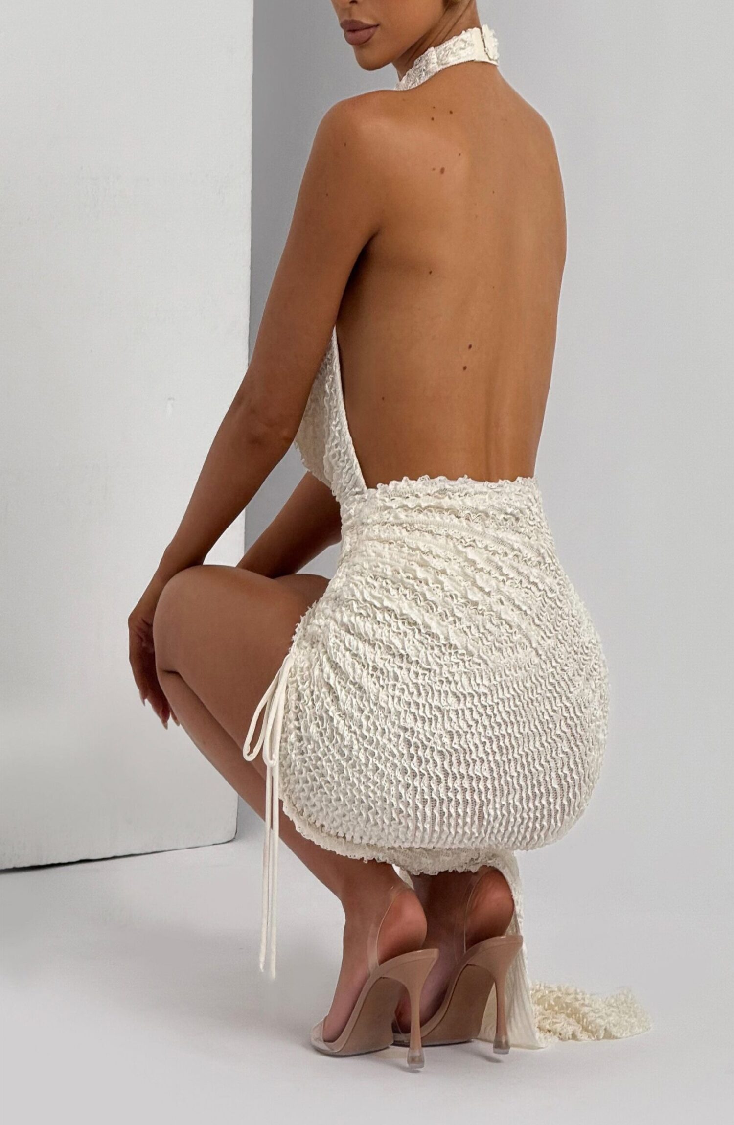 Airla Ivory Textured Midi Dress - Backless Cowl Neck Halter Ruched Asymmetric - Image 6