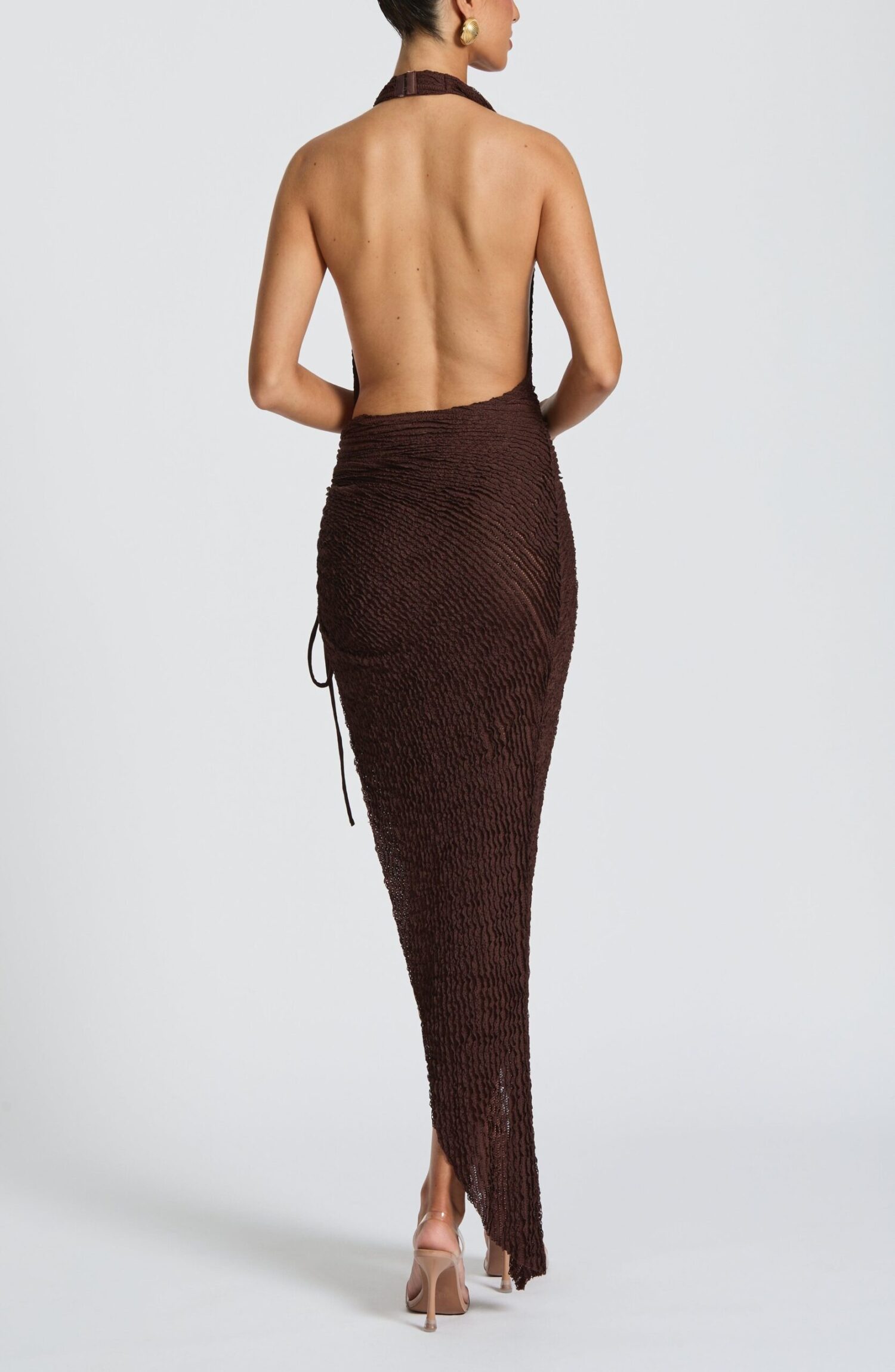 Airla Plum Brown Textured Midi Dress - Backless Halter Neck - Image 4