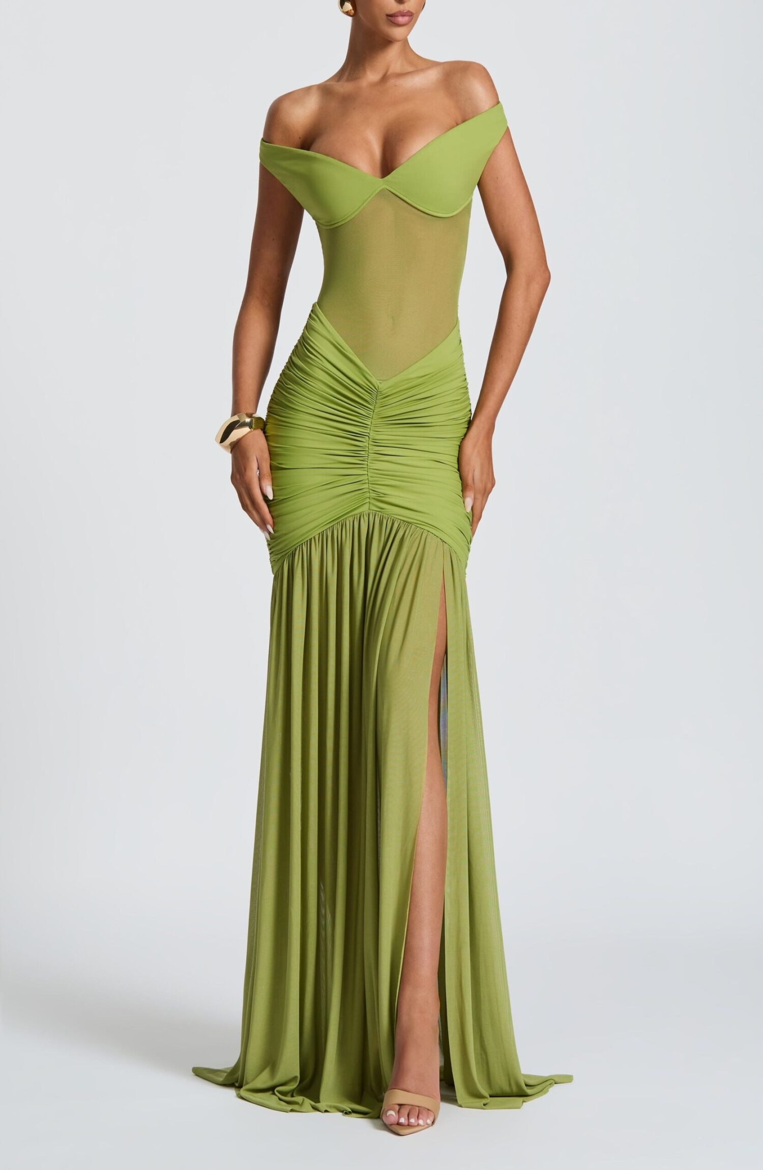 Alaia Maxi Dress Olive Bardot Sheer Mesh Thigh Split Evening Gown - Image 10