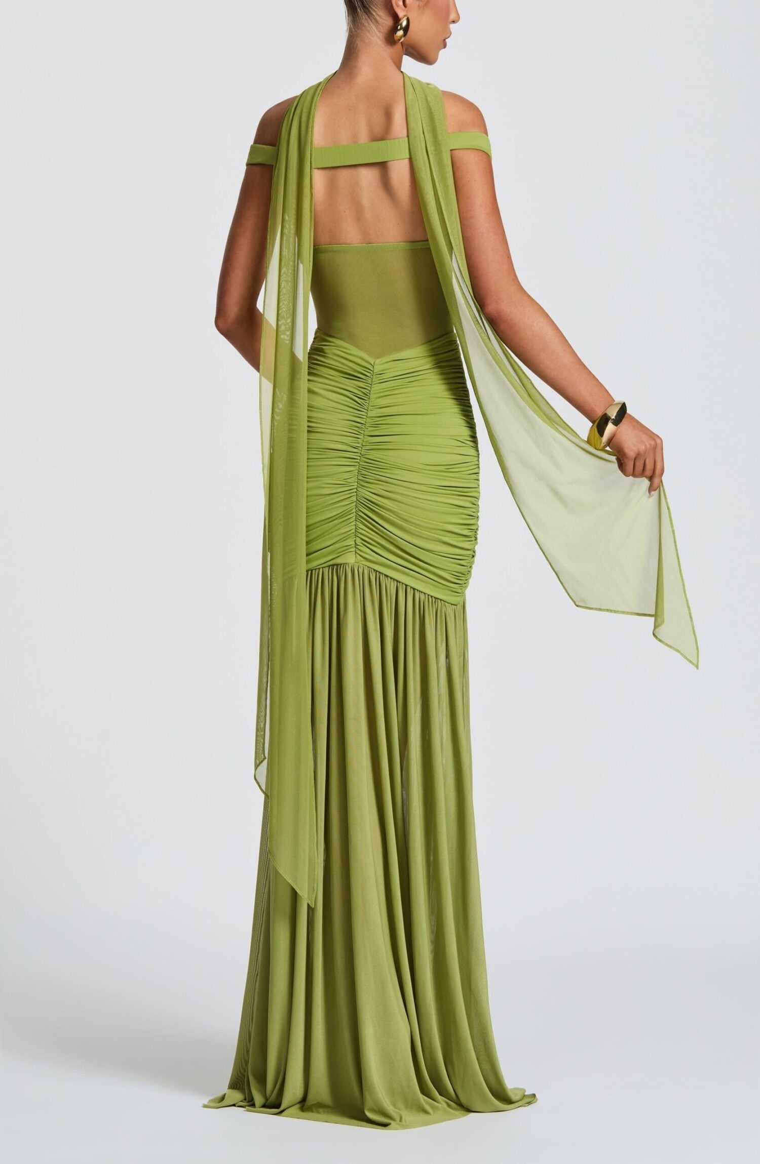 Alaia Maxi Dress Olive Bardot Sheer Mesh Thigh Split Evening Gown - Image 4