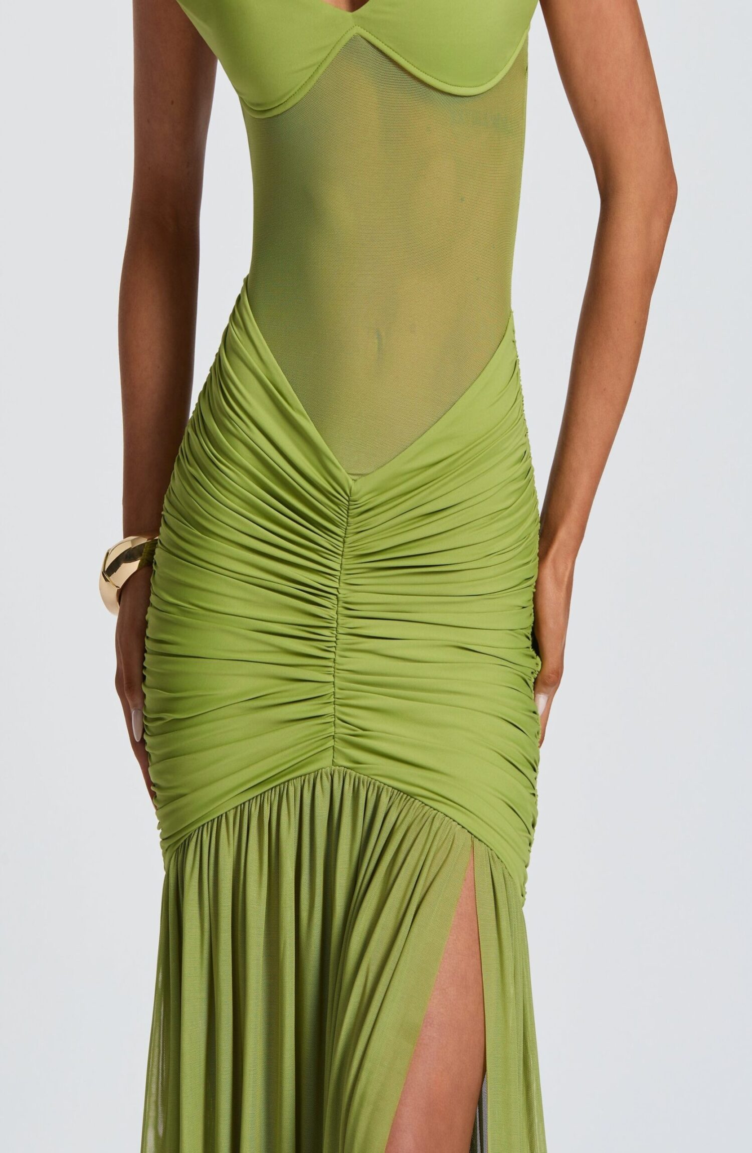 Alaia Maxi Dress Olive Bardot Sheer Mesh Thigh Split Evening Gown - Image 11