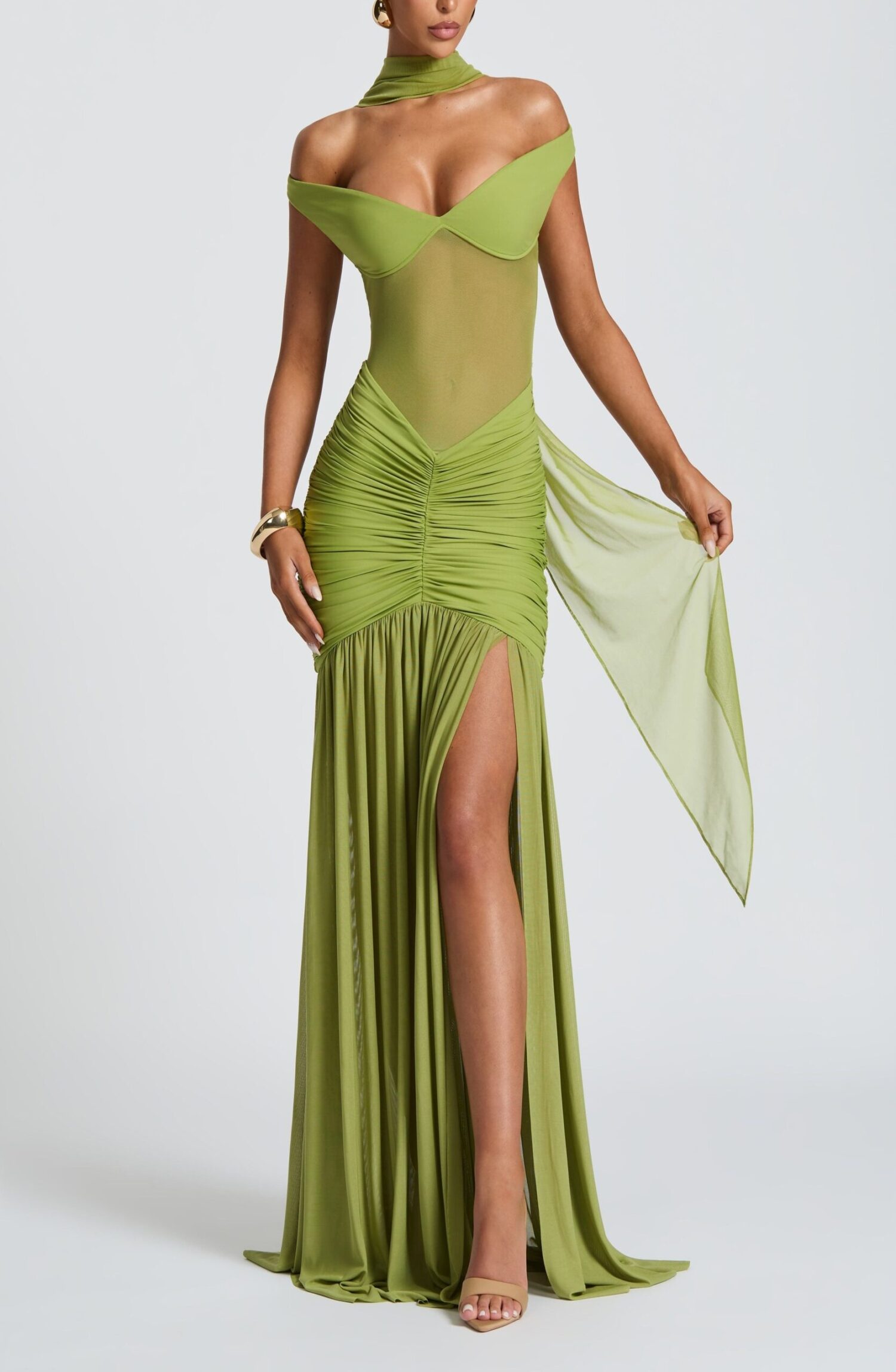Alaia Maxi Dress Olive Bardot Sheer Mesh Thigh Split Evening Gown