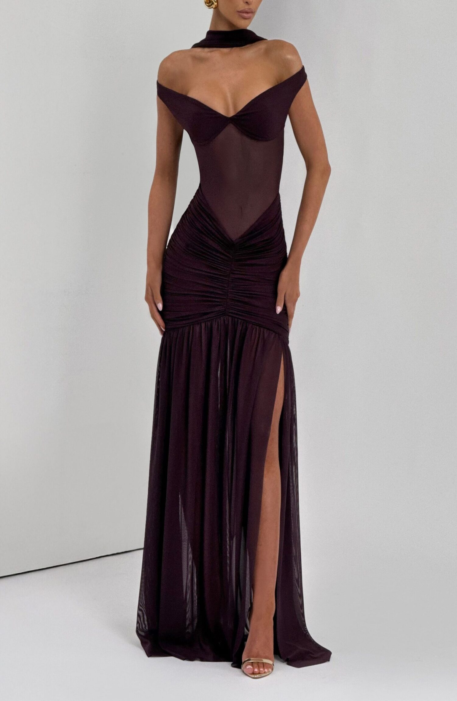 Alaia Maxi Dress Plum Slinky Jersey Bardot Neckline Thigh Split - Image 11