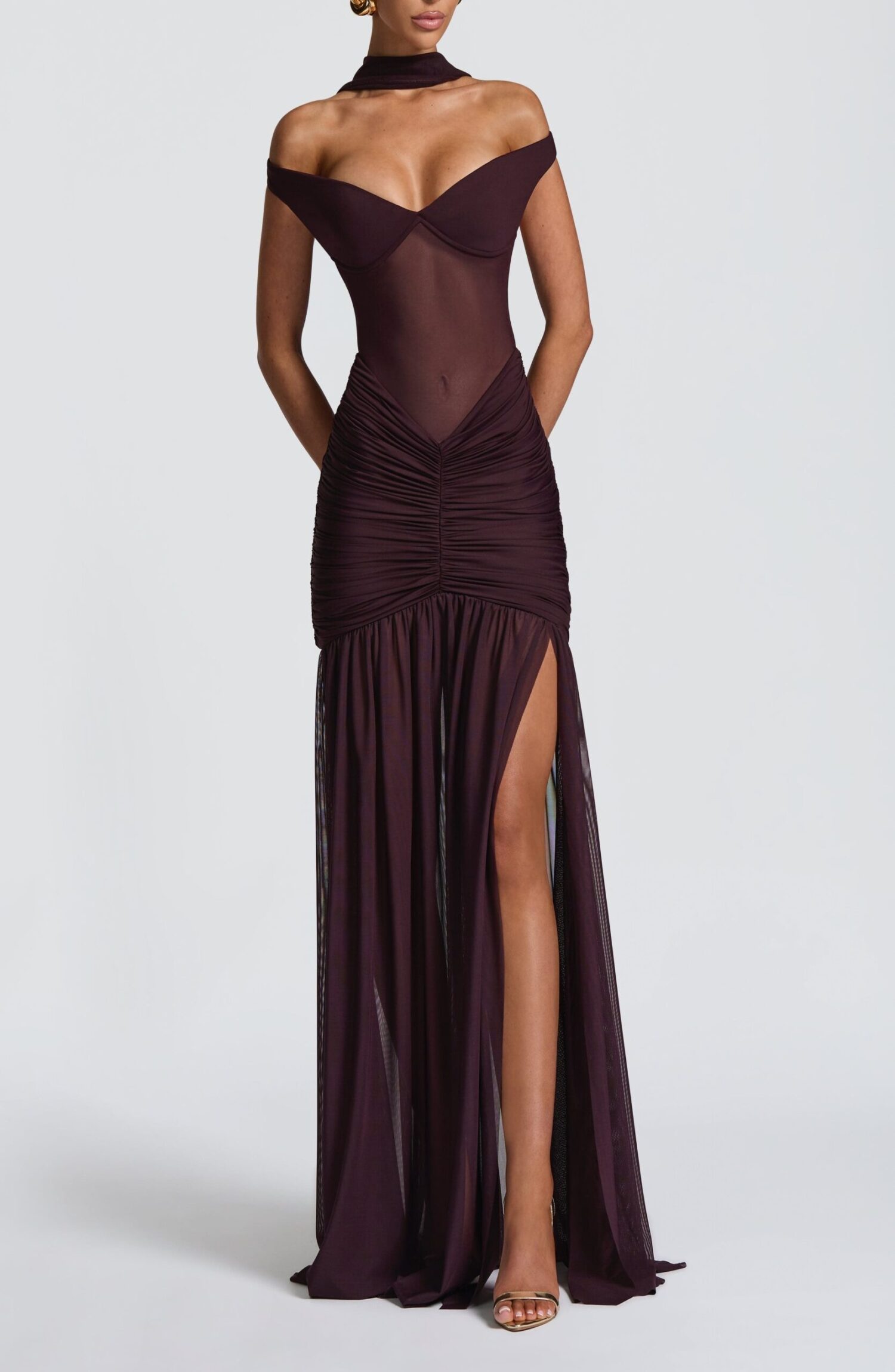 Alaia Maxi Dress Plum Slinky Jersey Bardot Neckline Thigh Split - Image 8