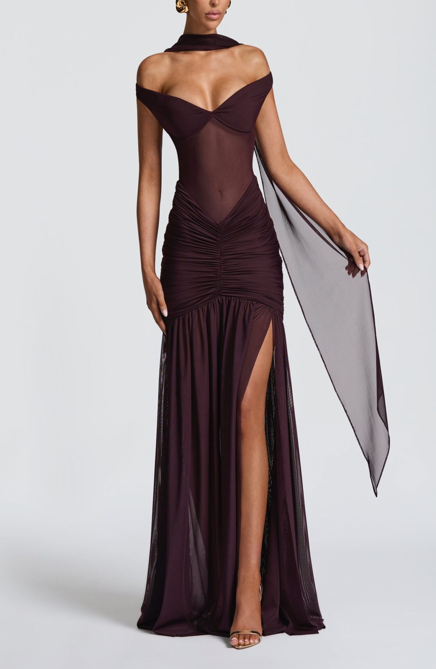 Alaia Maxi Dress Plum Slinky Jersey Bardot Neckline Thigh Split - Image 14