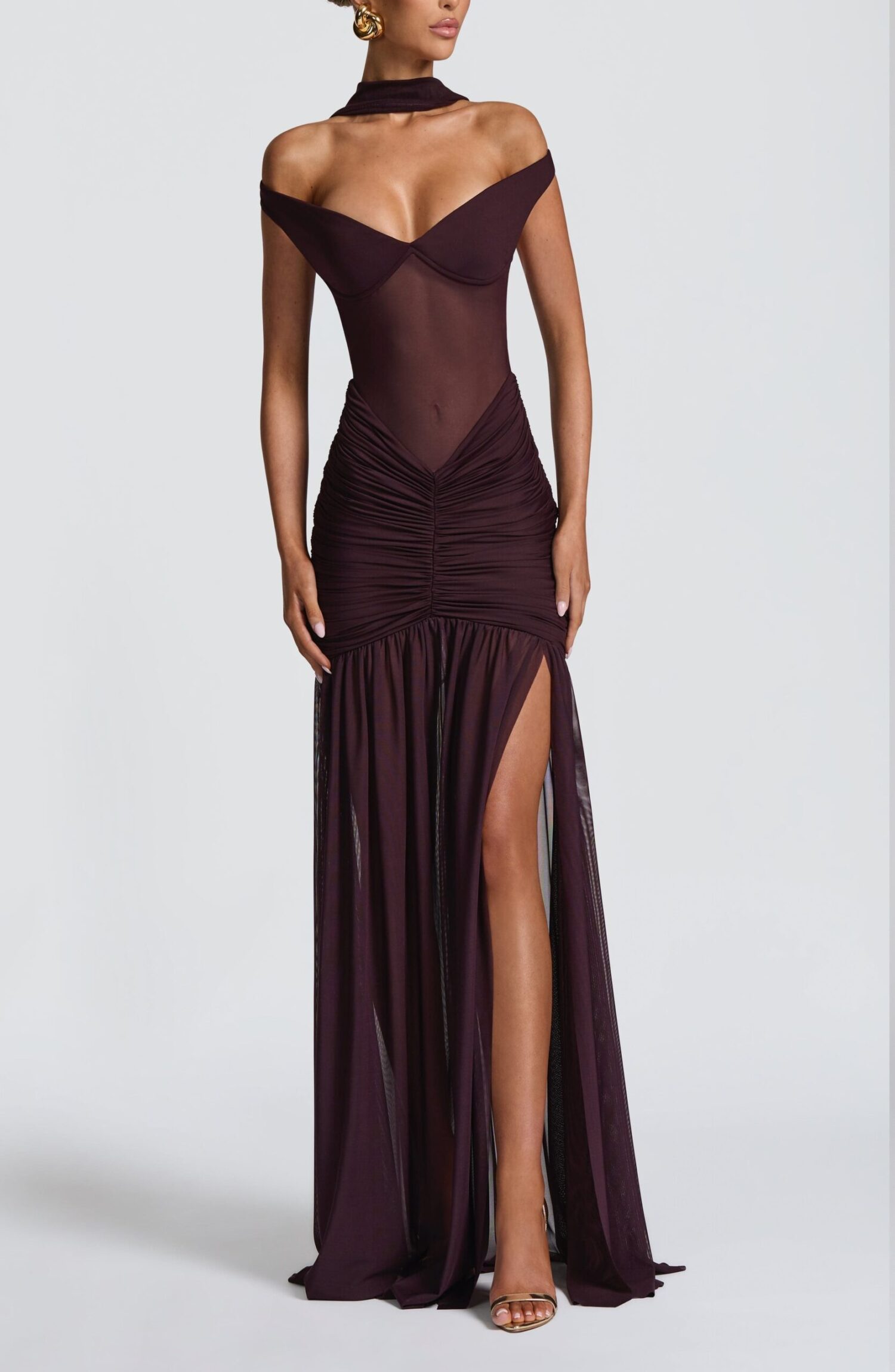 Alaia Maxi Dress Plum Slinky Jersey Bardot Neckline Thigh Split - Image 13