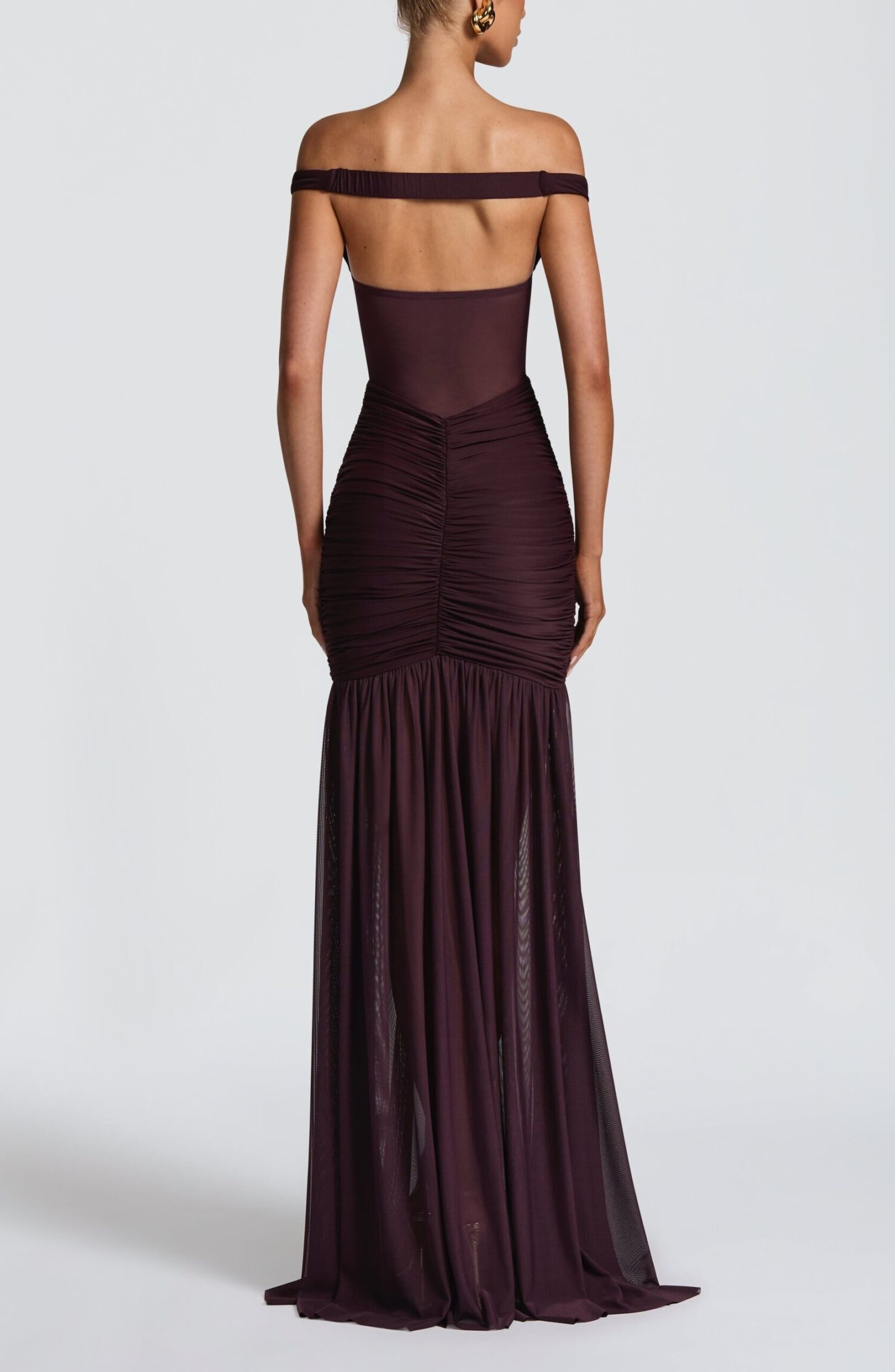 Alaia Maxi Dress Plum Slinky Jersey Bardot Neckline Thigh Split - Image 4