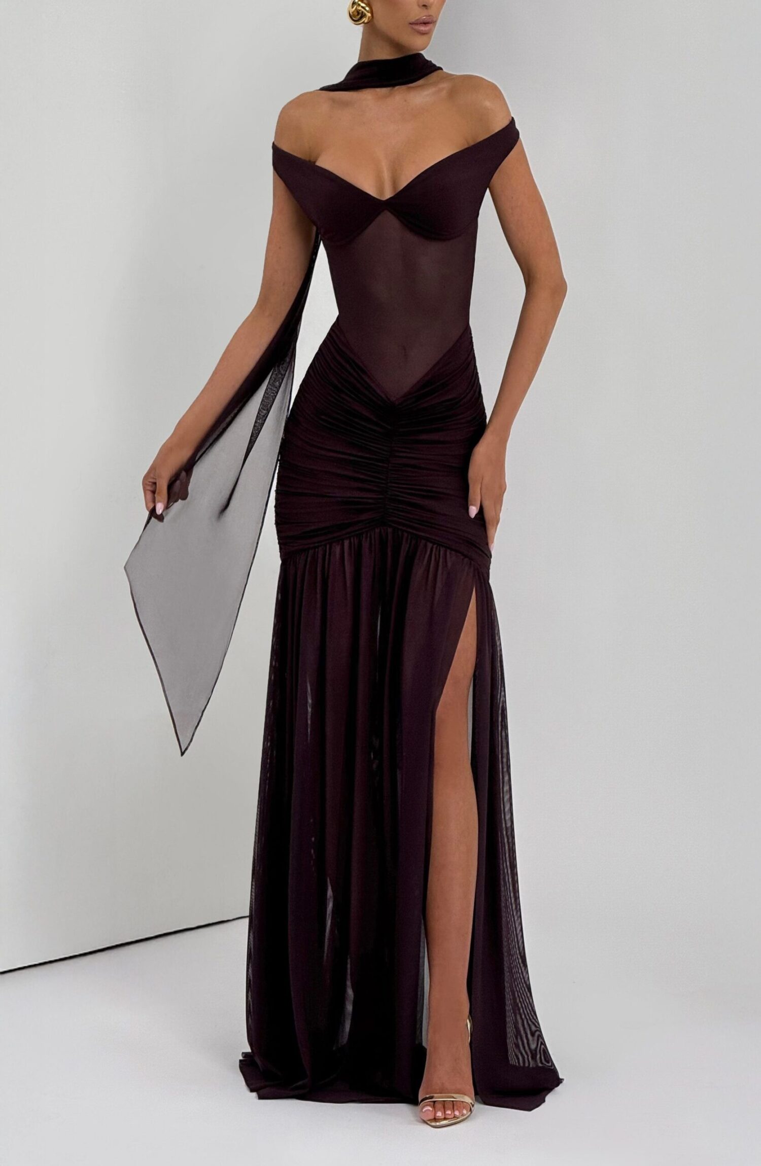 Alaia Maxi Dress Plum Slinky Jersey Bardot Neckline Thigh Split - Image 12