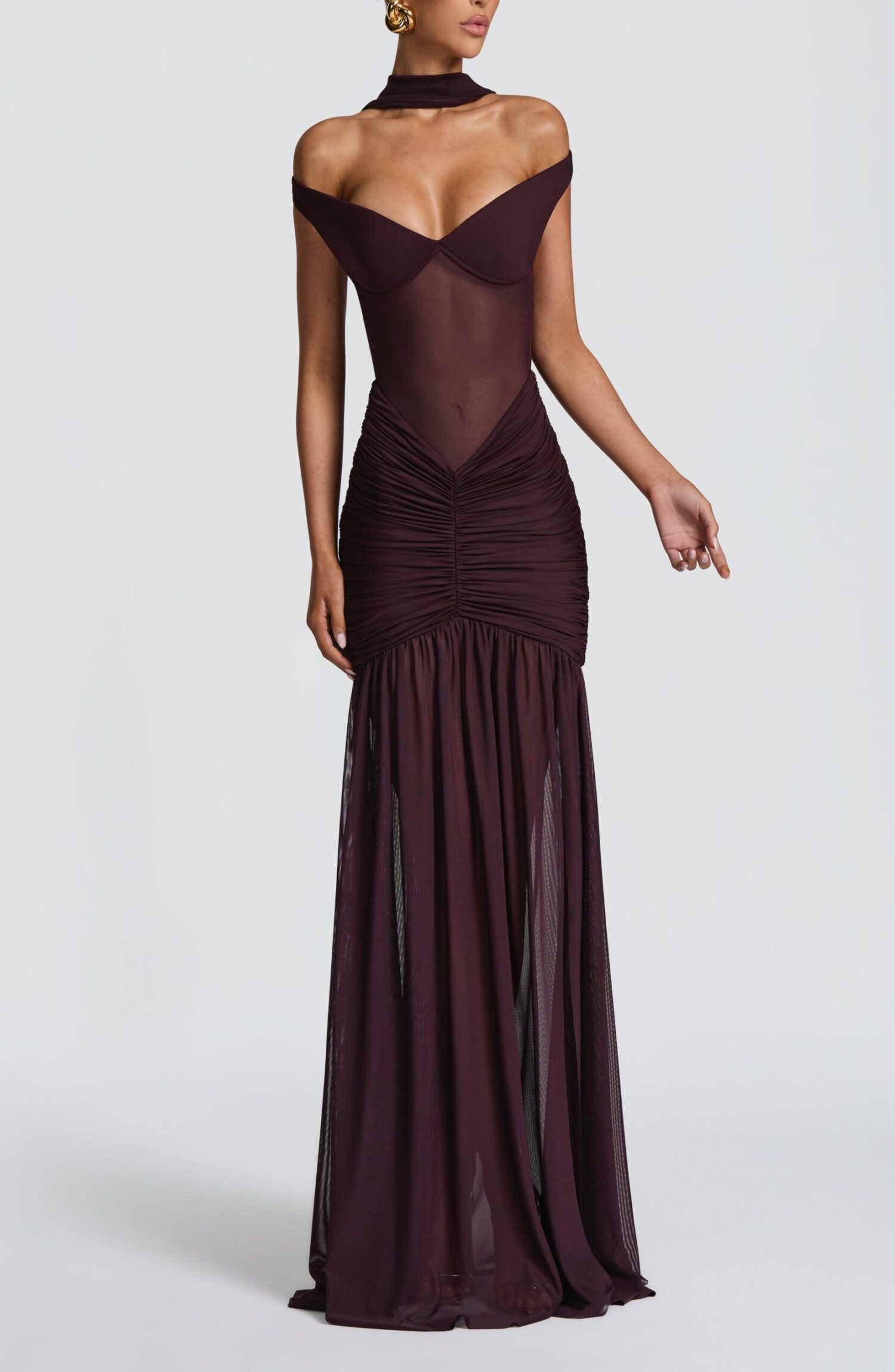 Alaia Maxi Dress Plum Slinky Jersey Bardot Neckline Thigh Split - Image 9