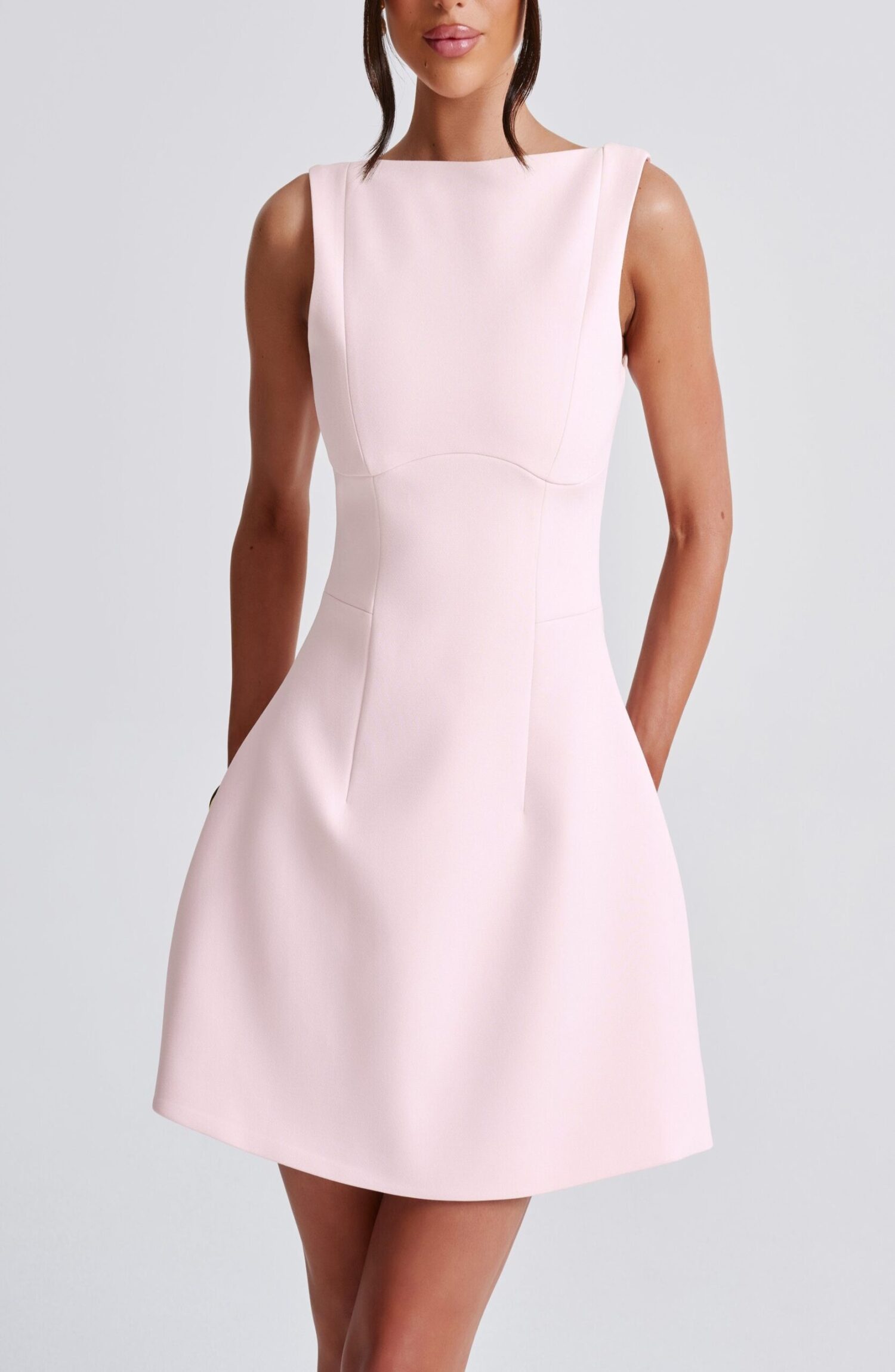 Alana Mini Dress Blush Bubble Skirt High Neck Crepe - Image 4