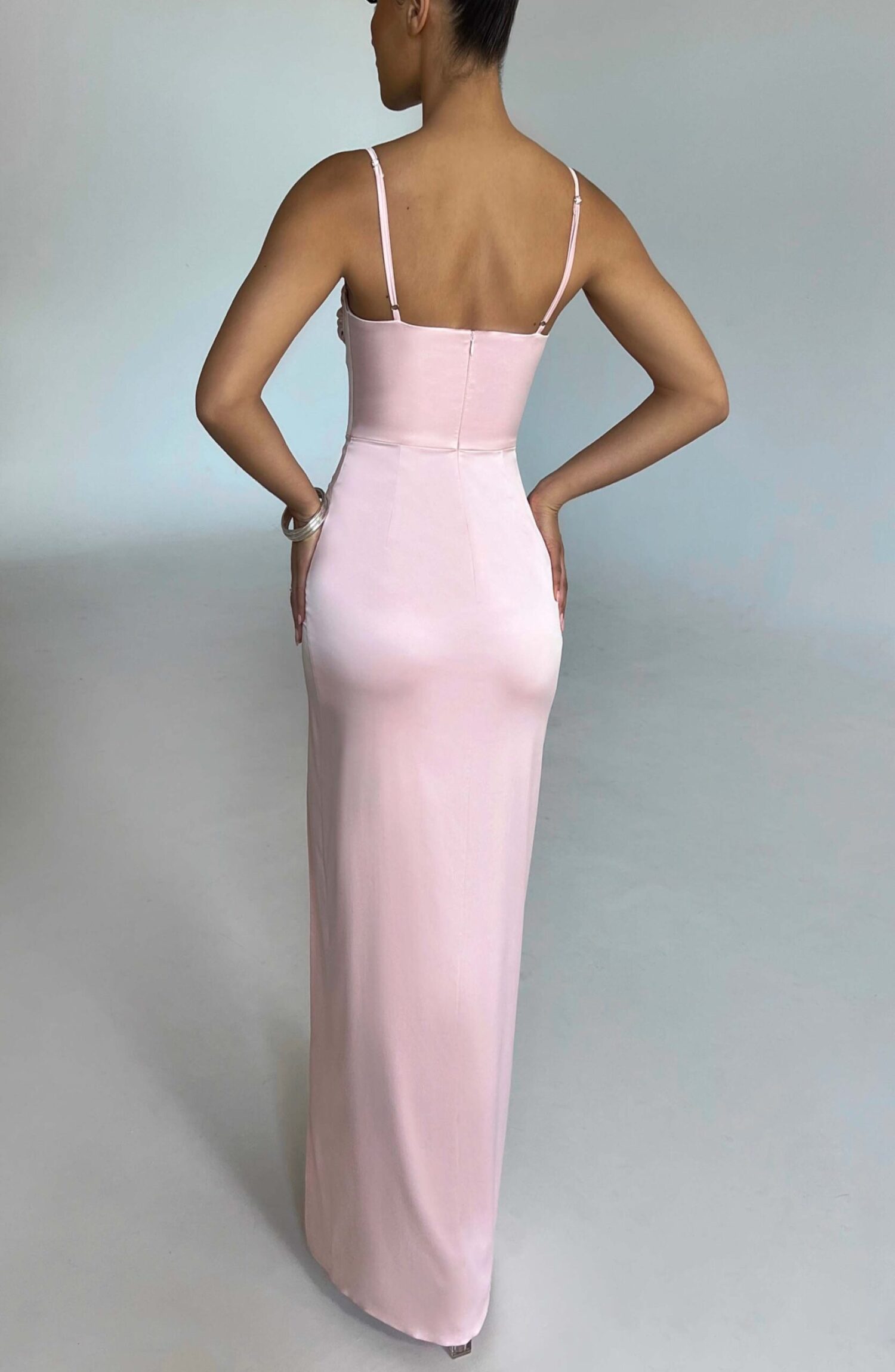Alora Blush Maxi Dress: Satin, Ruched Cups, Thigh Split - Image 6