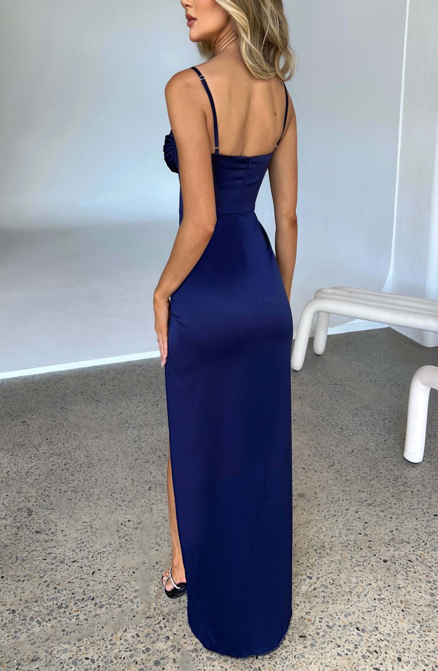 Alora Navy Satin Maxi Dress with Thigh Split & Ruched Cups - Image 2