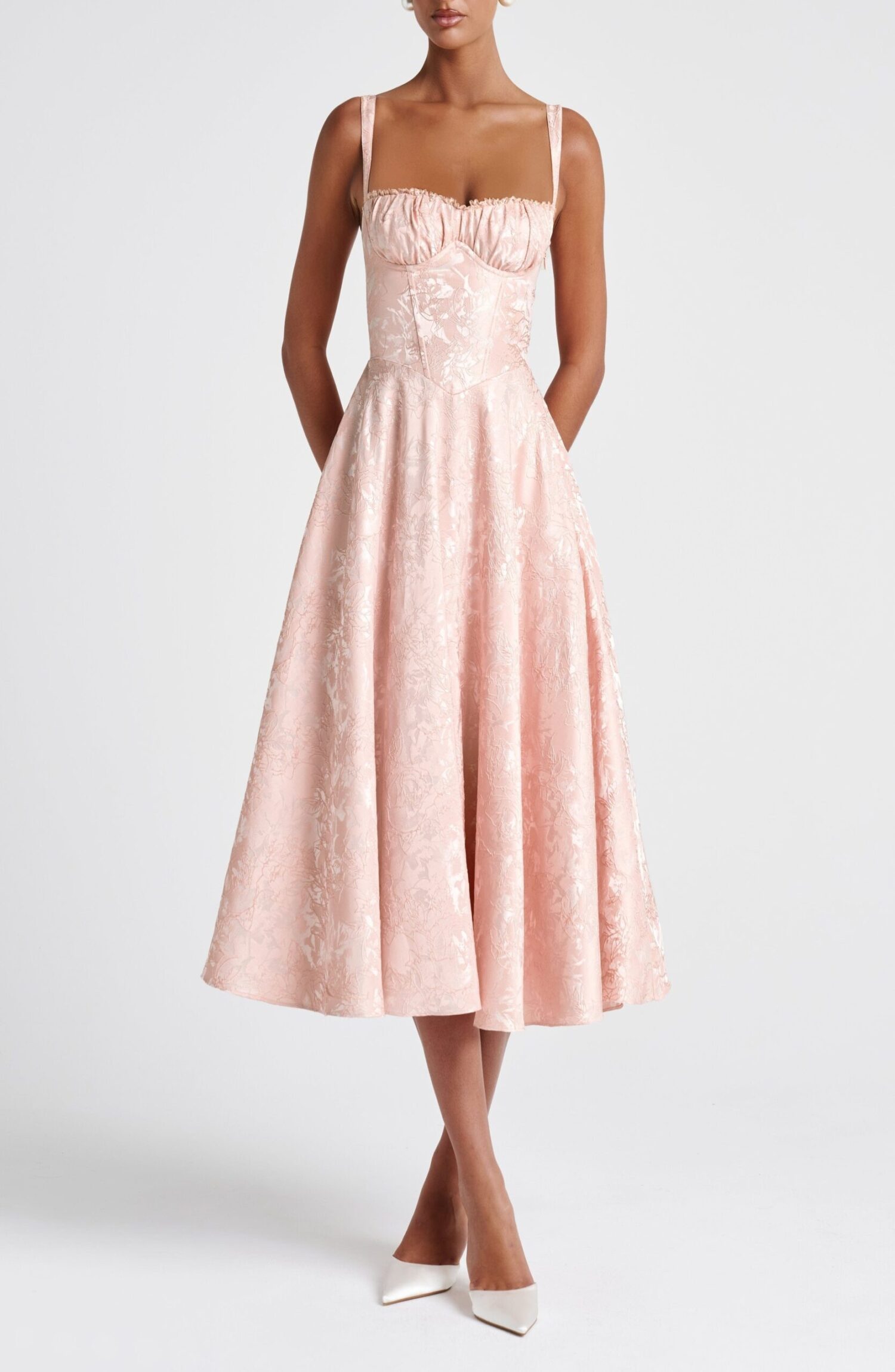 Amity Midi Dress Soft Peach Lace Trim Boned Floral Jacquard Lined - Image 6