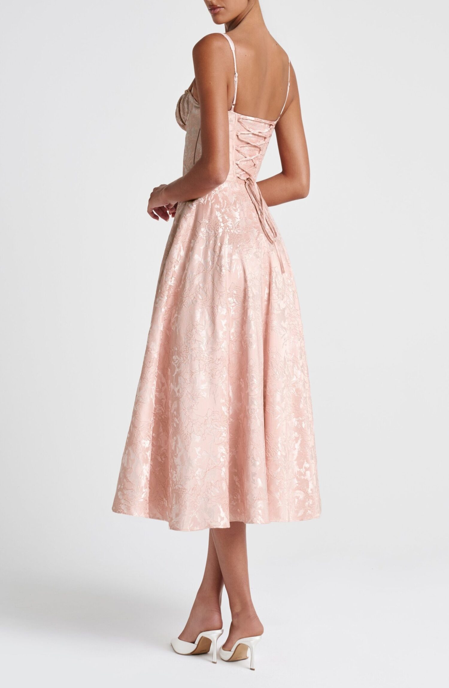 Amity Midi Dress Soft Peach Lace Trim Boned Floral Jacquard Lined - Image 7