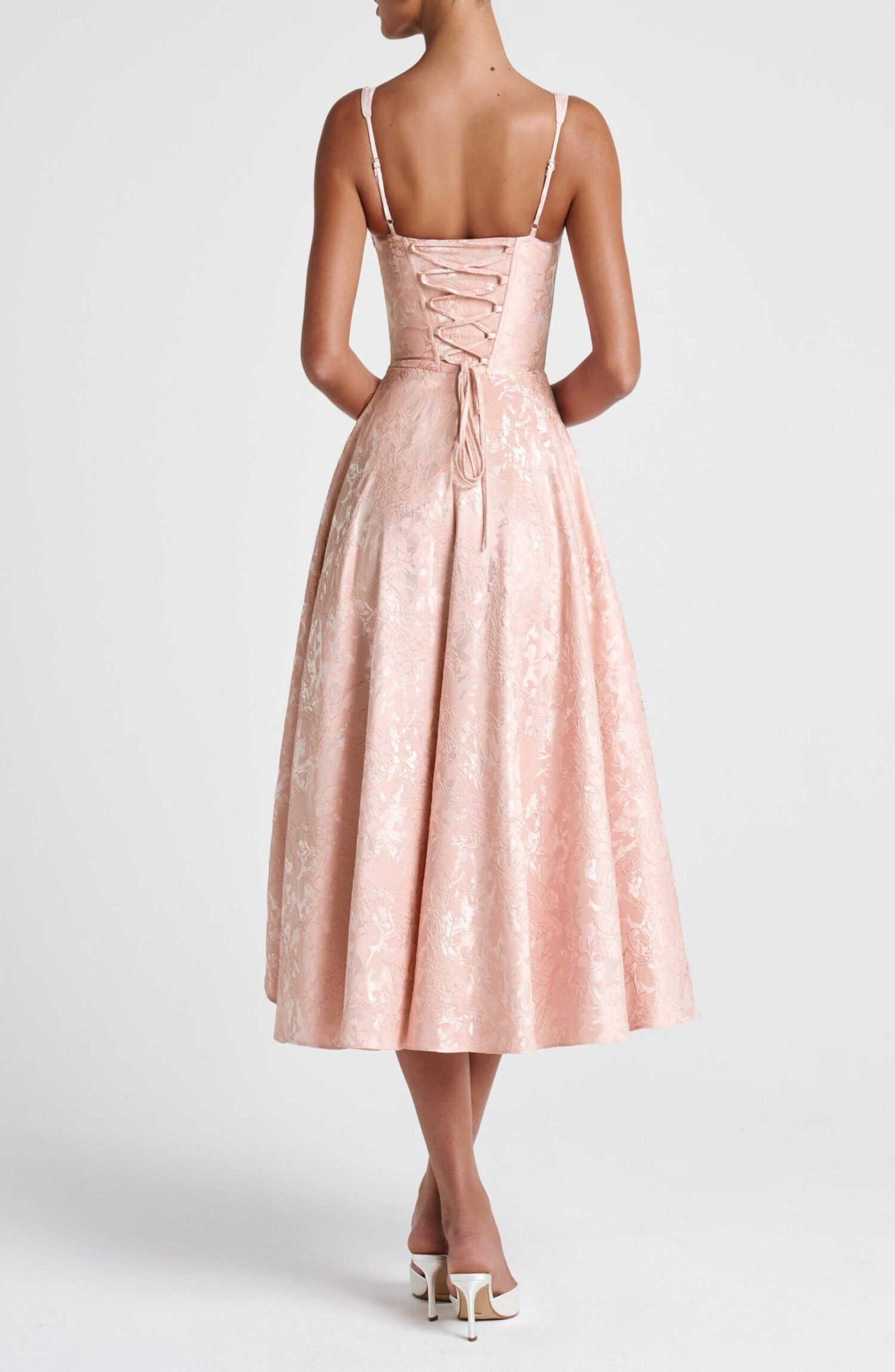 Amity Midi Dress Soft Peach Lace Trim Boned Floral Jacquard Lined - Image 2
