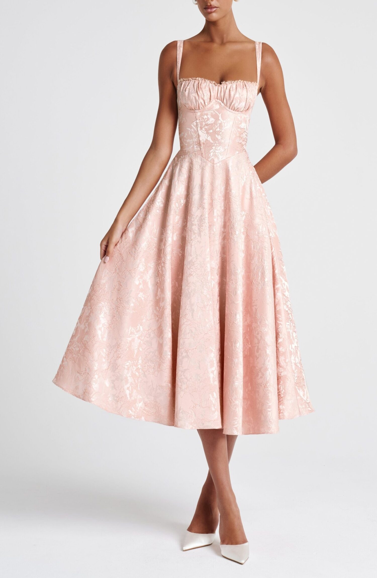 Amity Midi Dress Soft Peach Lace Trim Boned Floral Jacquard Lined - Image 4