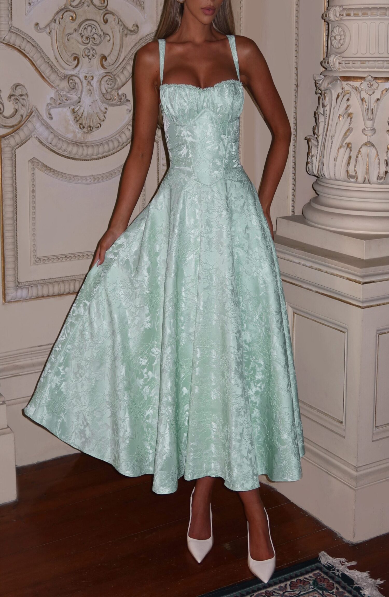 Amity Mint Midi Dress with Lace Trim & Lace-Up Back