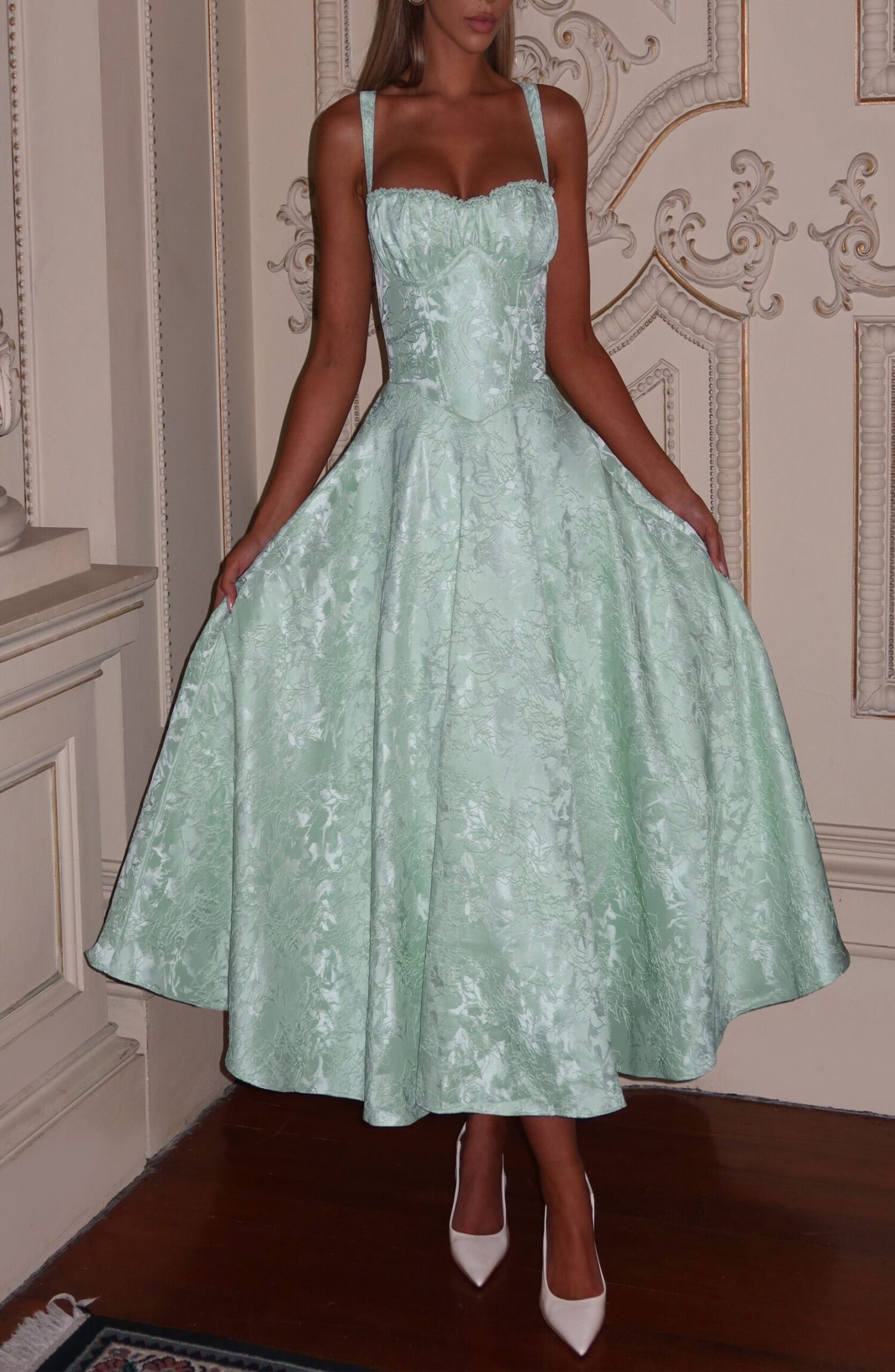 Amity Mint Midi Dress with Lace Trim & Lace-Up Back - Image 3