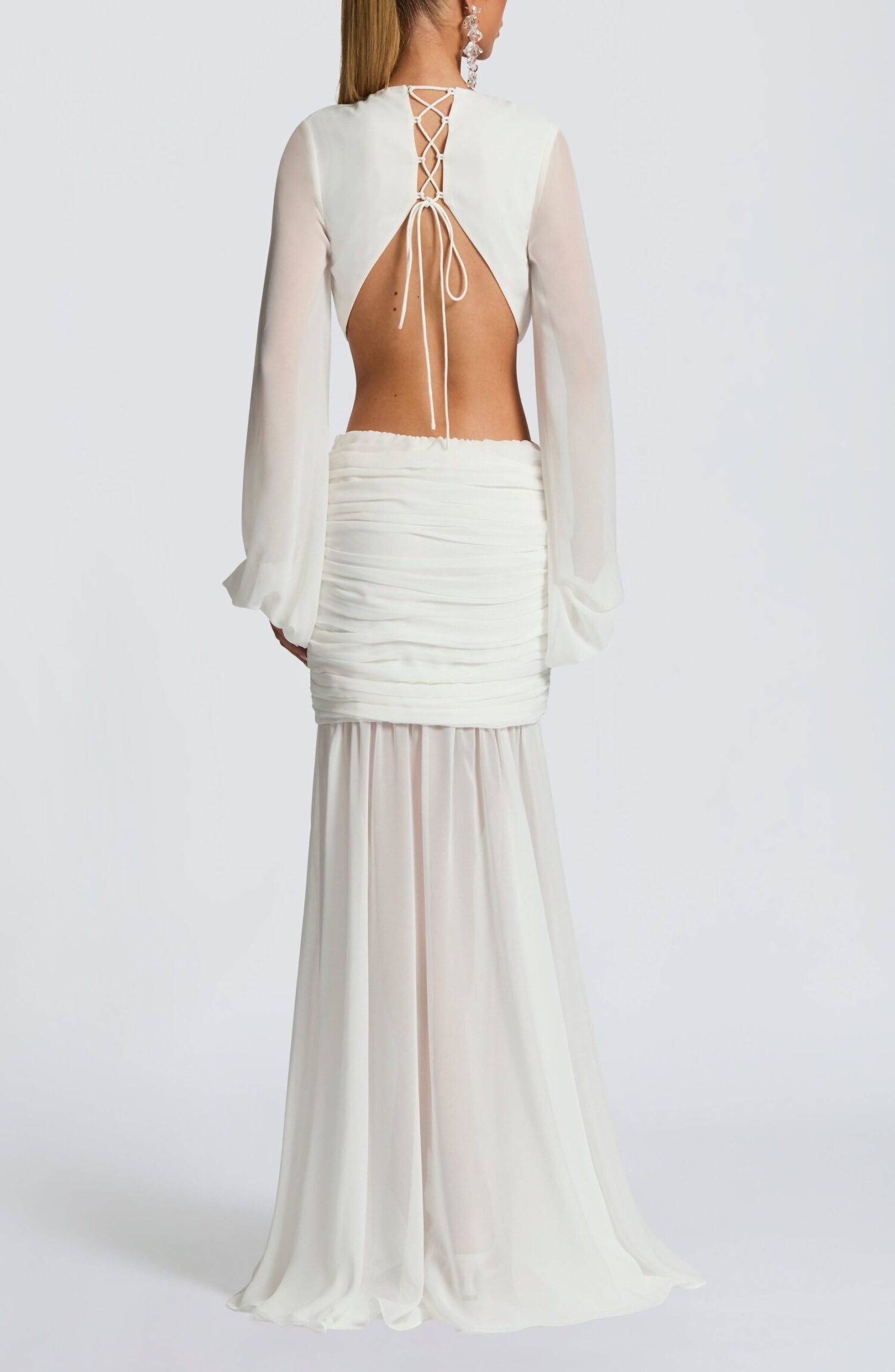 Andrina Ivory Chiffon Maxi Dress - Plunge Neck, Lace-Up Back - Image 2