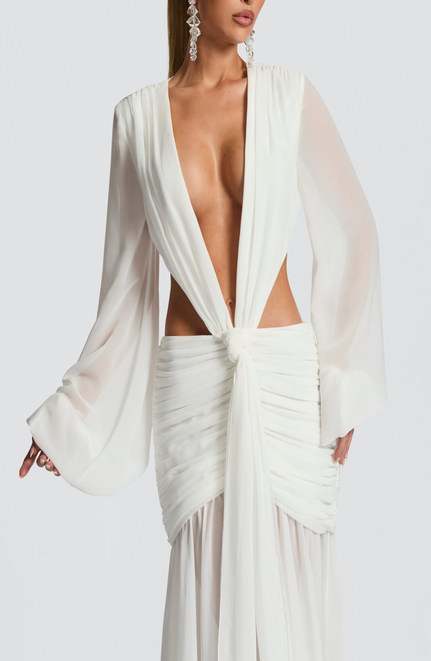 Andrina Ivory Chiffon Maxi Dress - Plunge Neck, Lace-Up Back - Image 6