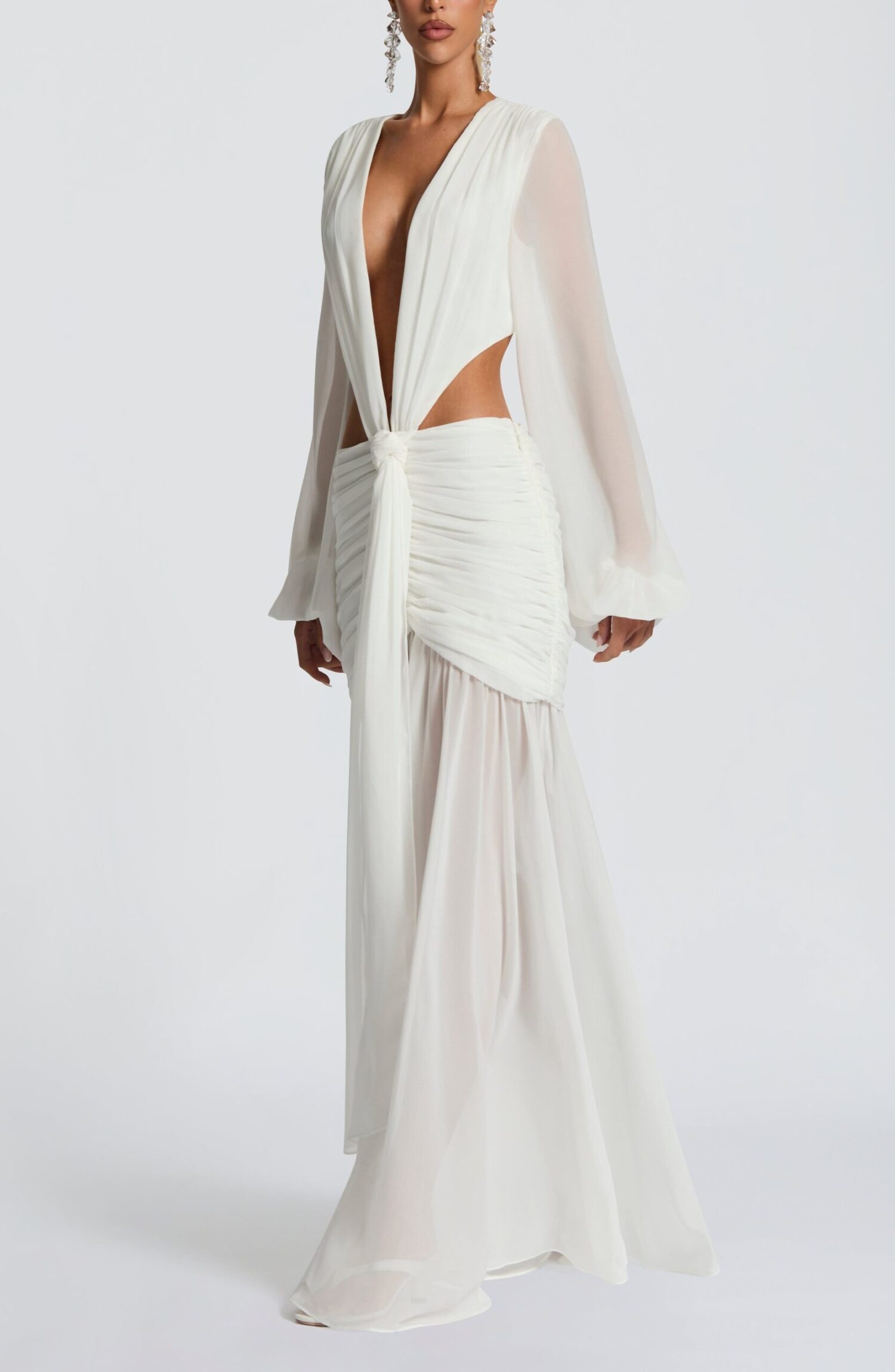 Andrina Ivory Chiffon Maxi Dress - Plunge Neck, Lace-Up Back - Image 5